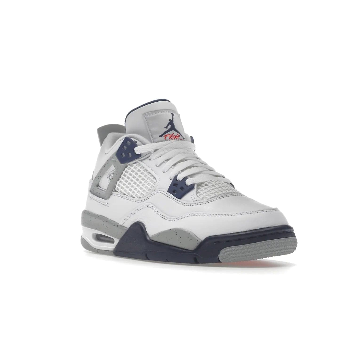 Jordan 4 Retro Midnight Navy (GS) - Image 6 - Only at www.BallersClubKickz.com - Shop the Air Jordan 4 Retro Midnight Navy GS. The white leather upper features black support wings & heel tab, navy eyelets & woven tongue tag with Jumpman logos. The midsole features two-tone polyurethane insole & AIR units in the heel & forefoot. Get the white/midnight navy/light smoke grey/fire colorway & show off your style.