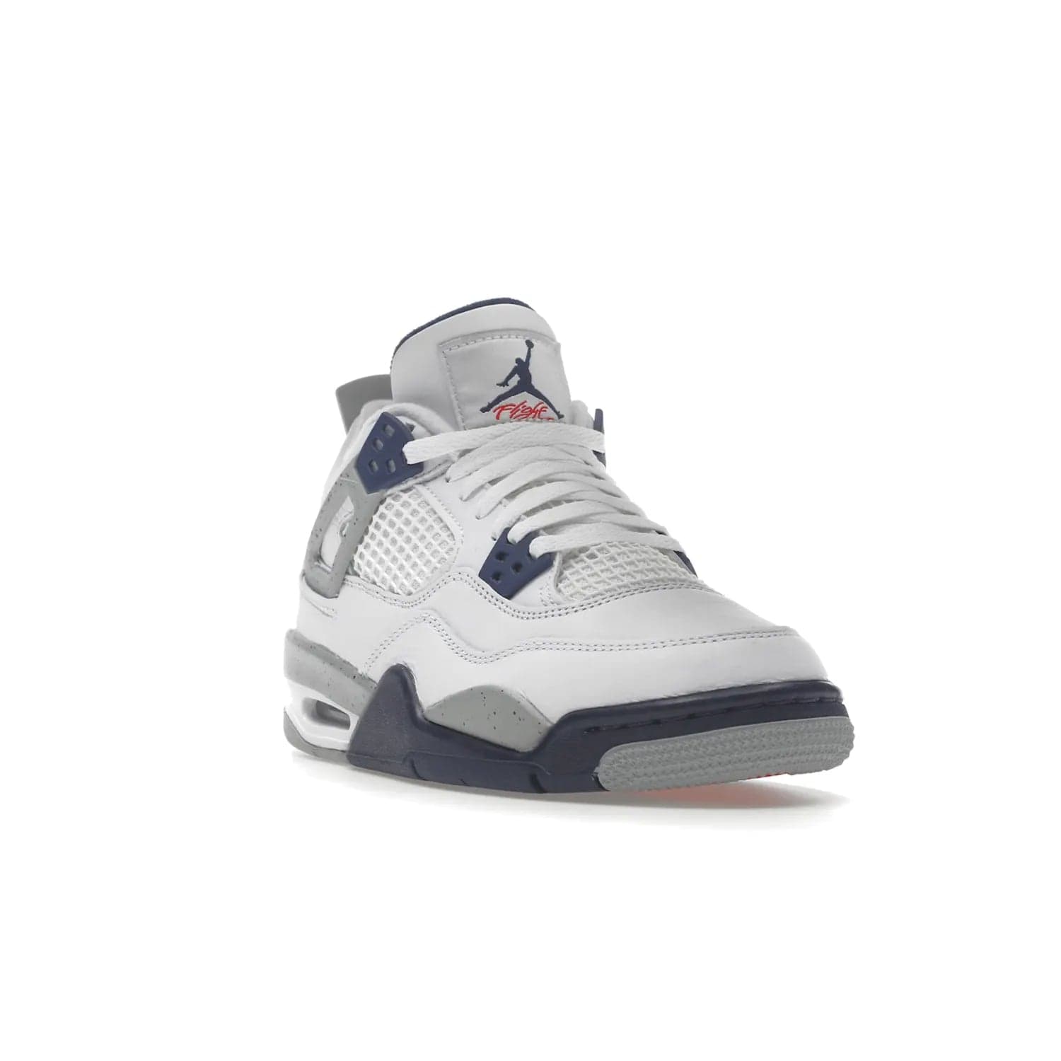 Jordan 4 Retro Midnight Navy (GS) - Image 7 - Only at www.BallersClubKickz.com - Shop the Air Jordan 4 Retro Midnight Navy GS. The white leather upper features black support wings & heel tab, navy eyelets & woven tongue tag with Jumpman logos. The midsole features two-tone polyurethane insole & AIR units in the heel & forefoot. Get the white/midnight navy/light smoke grey/fire colorway & show off your style.