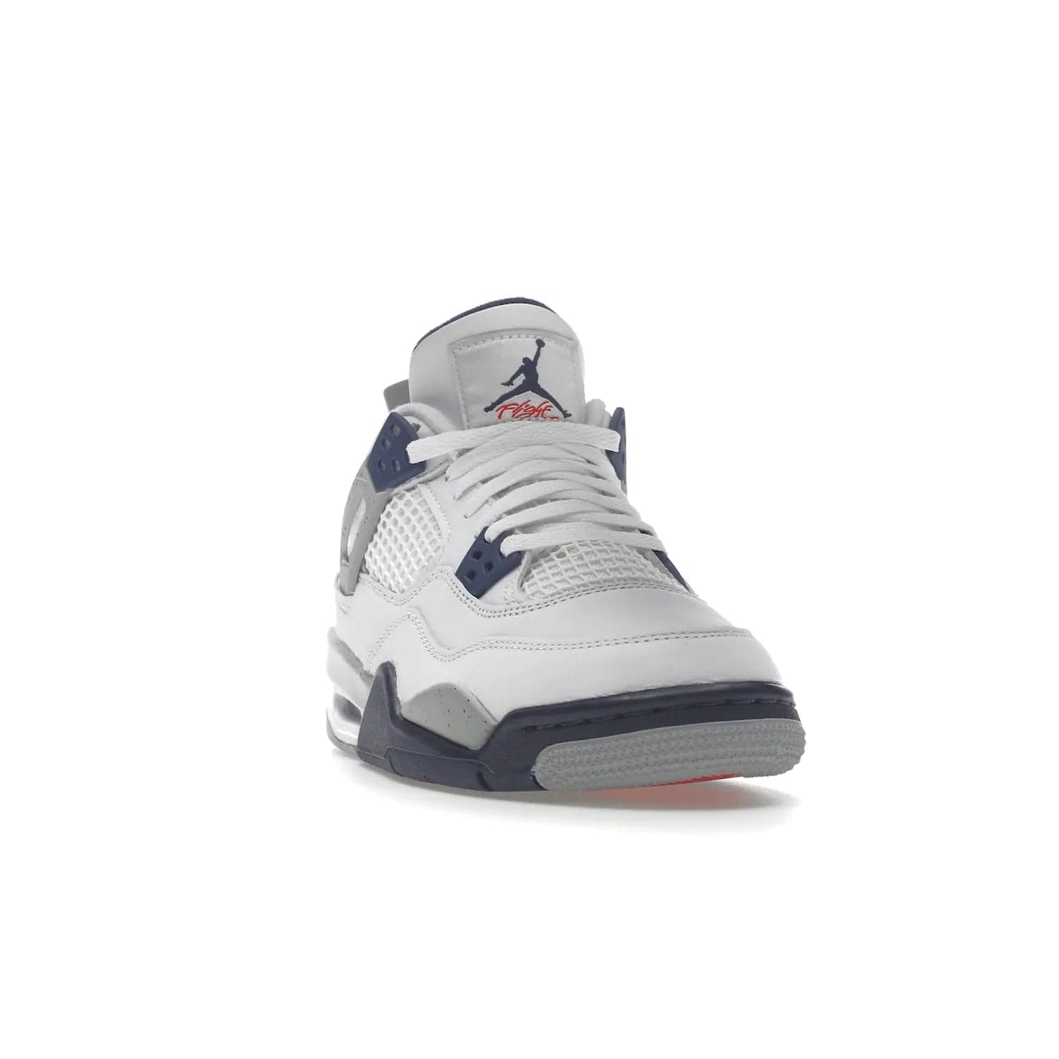 Jordan 4 Retro Midnight Navy (GS) - Image 8 - Only at www.BallersClubKickz.com - Shop the Air Jordan 4 Retro Midnight Navy GS. The white leather upper features black support wings & heel tab, navy eyelets & woven tongue tag with Jumpman logos. The midsole features two-tone polyurethane insole & AIR units in the heel & forefoot. Get the white/midnight navy/light smoke grey/fire colorway & show off your style.