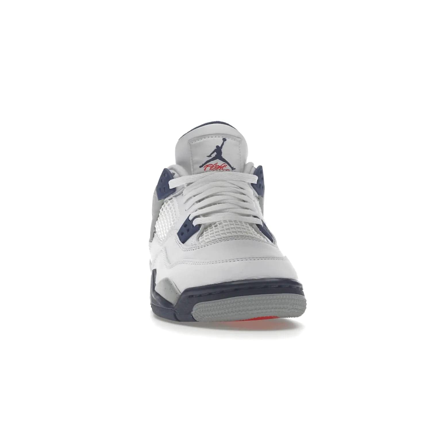 Jordan 4 Retro Midnight Navy (GS) - Image 9 - Only at www.BallersClubKickz.com - Shop the Air Jordan 4 Retro Midnight Navy GS. The white leather upper features black support wings & heel tab, navy eyelets & woven tongue tag with Jumpman logos. The midsole features two-tone polyurethane insole & AIR units in the heel & forefoot. Get the white/midnight navy/light smoke grey/fire colorway & show off your style.