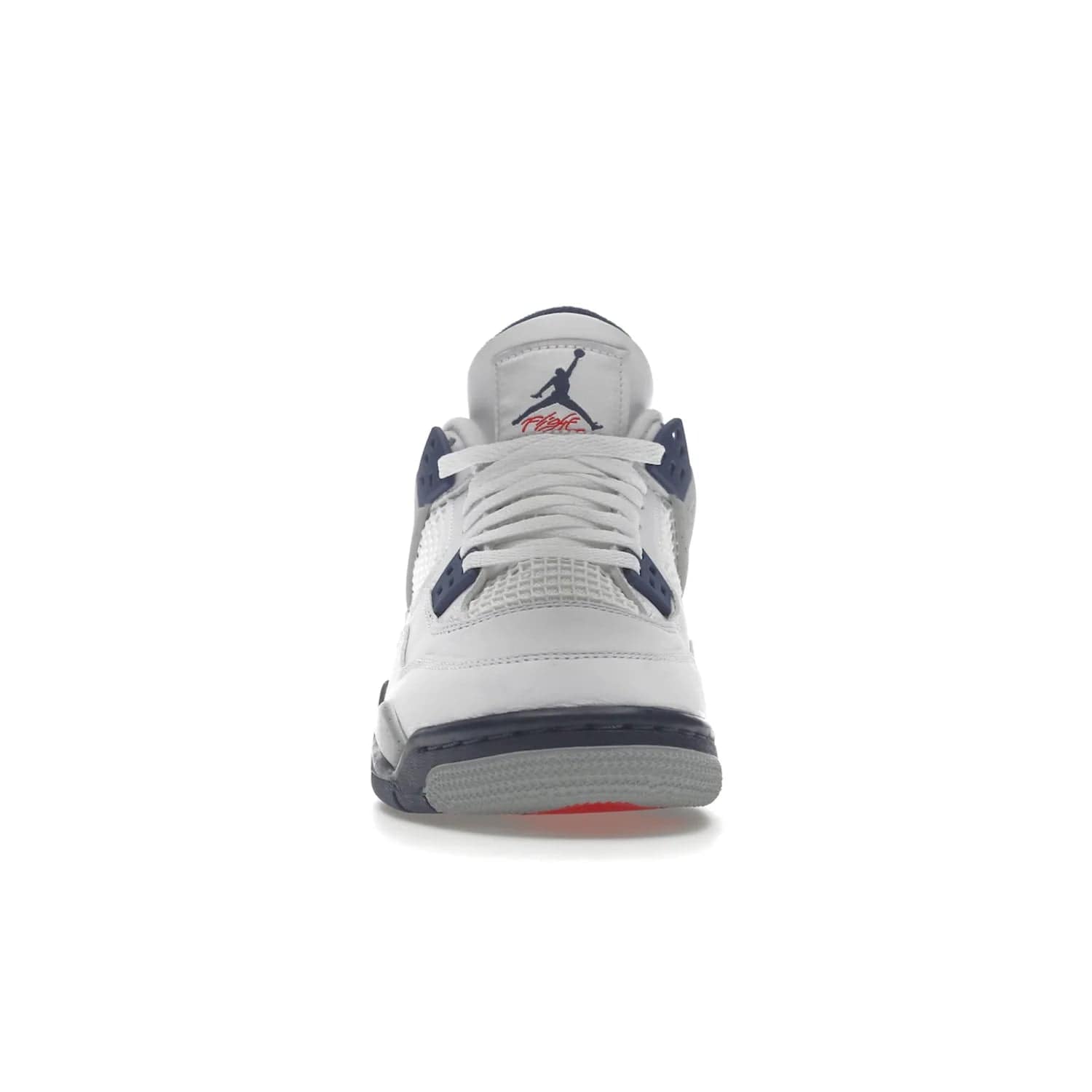 Jordan 4 Retro Midnight Navy (GS) - Image 10 - Only at www.BallersClubKickz.com - Shop the Air Jordan 4 Retro Midnight Navy GS. The white leather upper features black support wings & heel tab, navy eyelets & woven tongue tag with Jumpman logos. The midsole features two-tone polyurethane insole & AIR units in the heel & forefoot. Get the white/midnight navy/light smoke grey/fire colorway & show off your style.