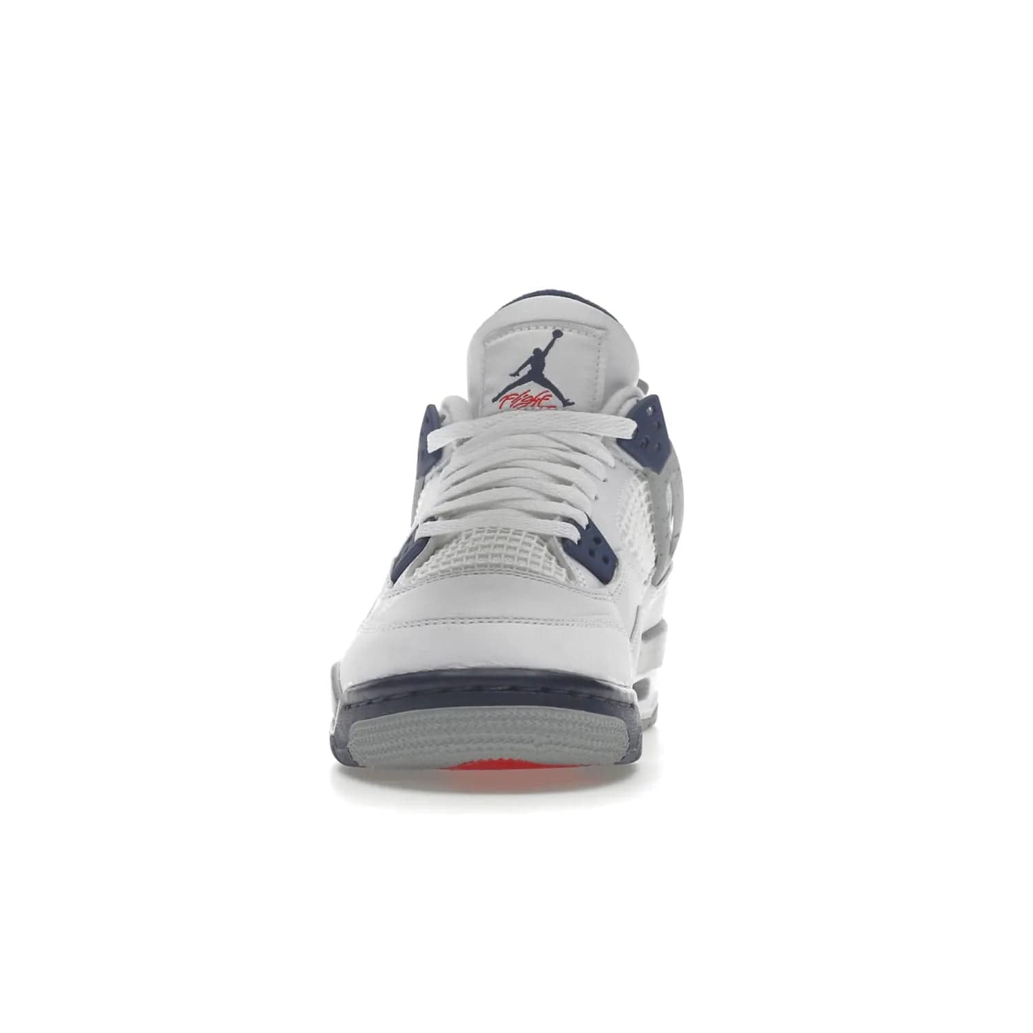 Jordan 4 Retro Midnight Navy (GS) - Image 11 - Only at www.BallersClubKickz.com - Shop the Air Jordan 4 Retro Midnight Navy GS. The white leather upper features black support wings & heel tab, navy eyelets & woven tongue tag with Jumpman logos. The midsole features two-tone polyurethane insole & AIR units in the heel & forefoot. Get the white/midnight navy/light smoke grey/fire colorway & show off your style.