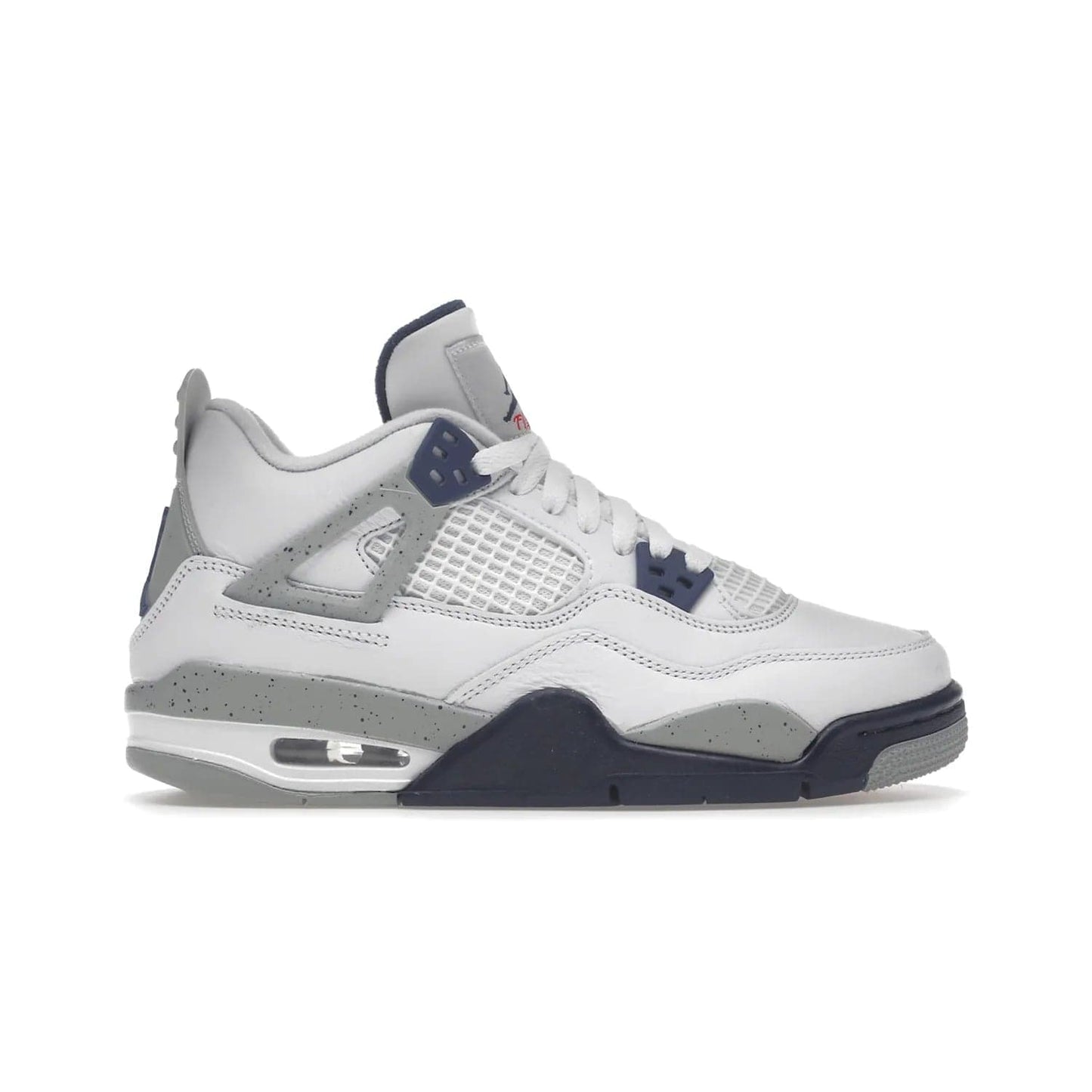 Jordan 4 Retro Midnight Navy (GS) - Image 1 - Only at www.BallersClubKickz.com - Shop the Air Jordan 4 Retro Midnight Navy GS. The white leather upper features black support wings & heel tab, navy eyelets & woven tongue tag with Jumpman logos. The midsole features two-tone polyurethane insole & AIR units in the heel & forefoot. Get the white/midnight navy/light smoke grey/fire colorway & show off your style.