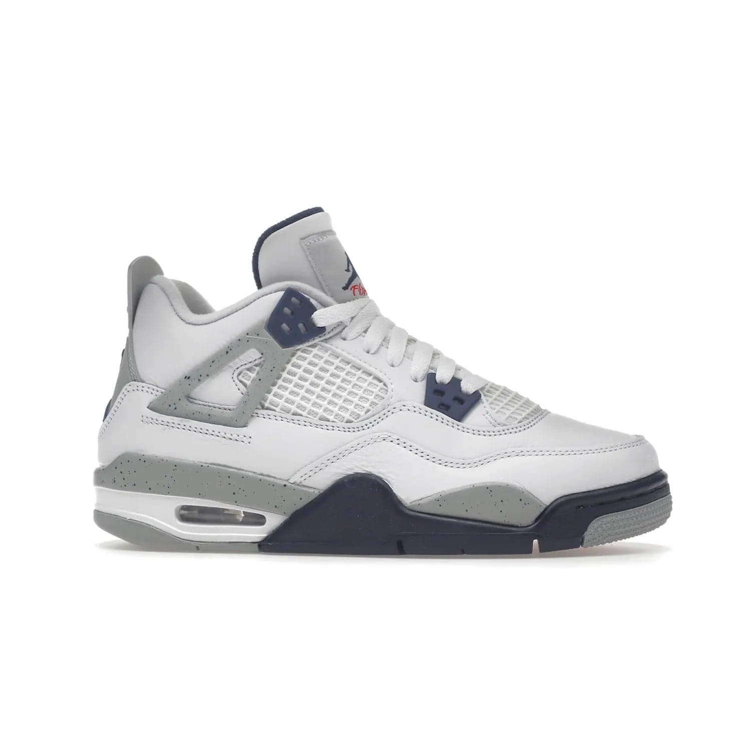 Jordan 4 Retro Midnight Navy (GS) - Image 2 - Only at www.BallersClubKickz.com - Shop the Air Jordan 4 Retro Midnight Navy GS. The white leather upper features black support wings & heel tab, navy eyelets & woven tongue tag with Jumpman logos. The midsole features two-tone polyurethane insole & AIR units in the heel & forefoot. Get the white/midnight navy/light smoke grey/fire colorway & show off your style.