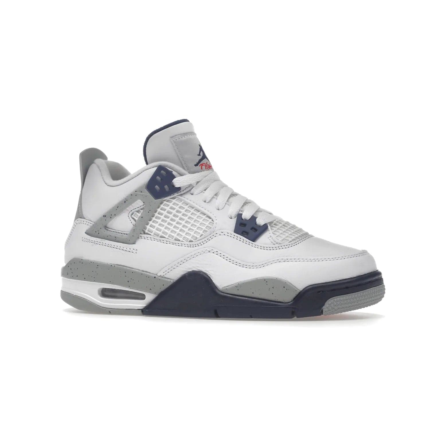 Jordan 4 Retro Midnight Navy (GS) - Image 3 - Only at www.BallersClubKickz.com - Shop the Air Jordan 4 Retro Midnight Navy GS. The white leather upper features black support wings & heel tab, navy eyelets & woven tongue tag with Jumpman logos. The midsole features two-tone polyurethane insole & AIR units in the heel & forefoot. Get the white/midnight navy/light smoke grey/fire colorway & show off your style.