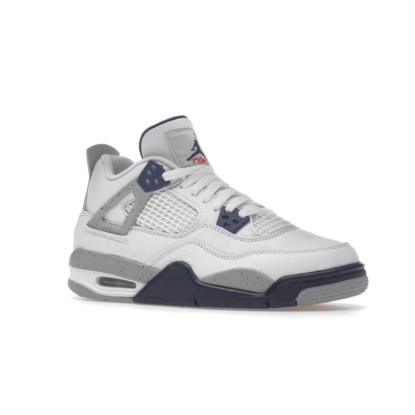 Jordan 4 Retro Midnight Navy (GS) - Image 4 - Only at www.BallersClubKickz.com - Shop the Air Jordan 4 Retro Midnight Navy GS. The white leather upper features black support wings & heel tab, navy eyelets & woven tongue tag with Jumpman logos. The midsole features two-tone polyurethane insole & AIR units in the heel & forefoot. Get the white/midnight navy/light smoke grey/fire colorway & show off your style.