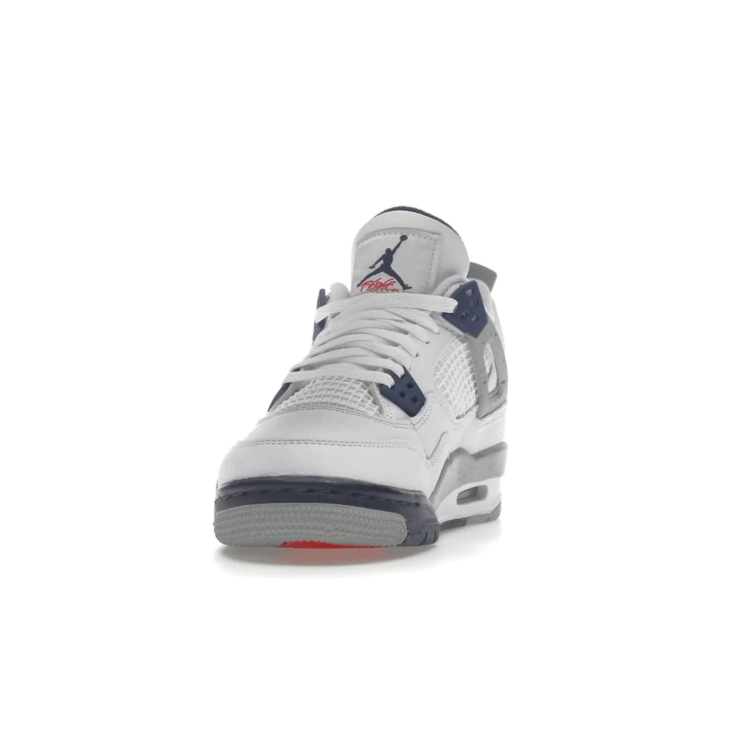 Jordan 4 Retro Midnight Navy (GS) - Image 12 - Only at www.BallersClubKickz.com - Shop the Air Jordan 4 Retro Midnight Navy GS. The white leather upper features black support wings & heel tab, navy eyelets & woven tongue tag with Jumpman logos. The midsole features two-tone polyurethane insole & AIR units in the heel & forefoot. Get the white/midnight navy/light smoke grey/fire colorway & show off your style.