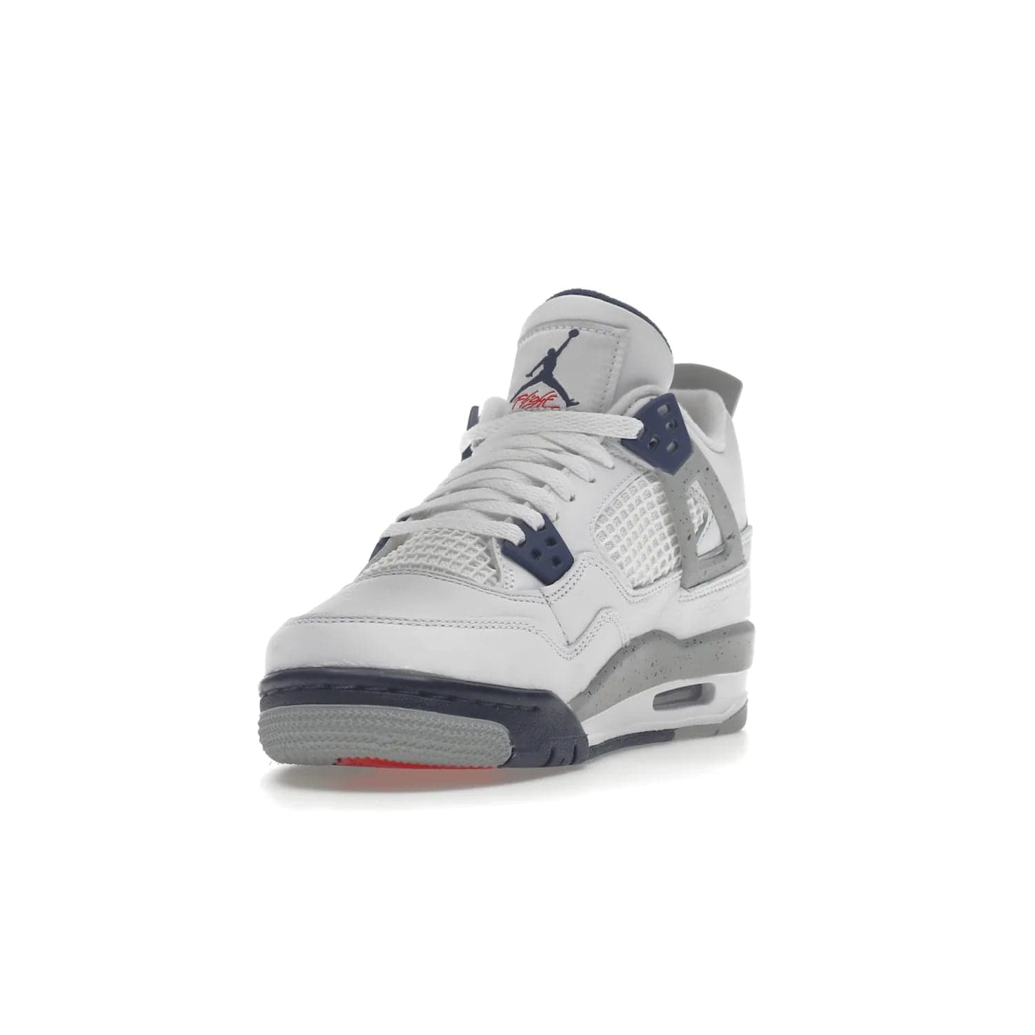Jordan 4 Retro Midnight Navy (GS) - Image 13 - Only at www.BallersClubKickz.com - Shop the Air Jordan 4 Retro Midnight Navy GS. The white leather upper features black support wings & heel tab, navy eyelets & woven tongue tag with Jumpman logos. The midsole features two-tone polyurethane insole & AIR units in the heel & forefoot. Get the white/midnight navy/light smoke grey/fire colorway & show off your style.