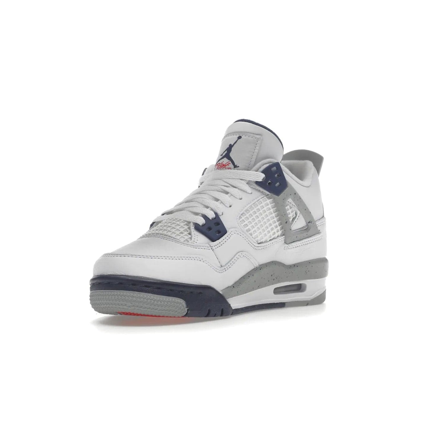 Jordan 4 Retro Midnight Navy (GS) - Image 14 - Only at www.BallersClubKickz.com - Shop the Air Jordan 4 Retro Midnight Navy GS. The white leather upper features black support wings & heel tab, navy eyelets & woven tongue tag with Jumpman logos. The midsole features two-tone polyurethane insole & AIR units in the heel & forefoot. Get the white/midnight navy/light smoke grey/fire colorway & show off your style.