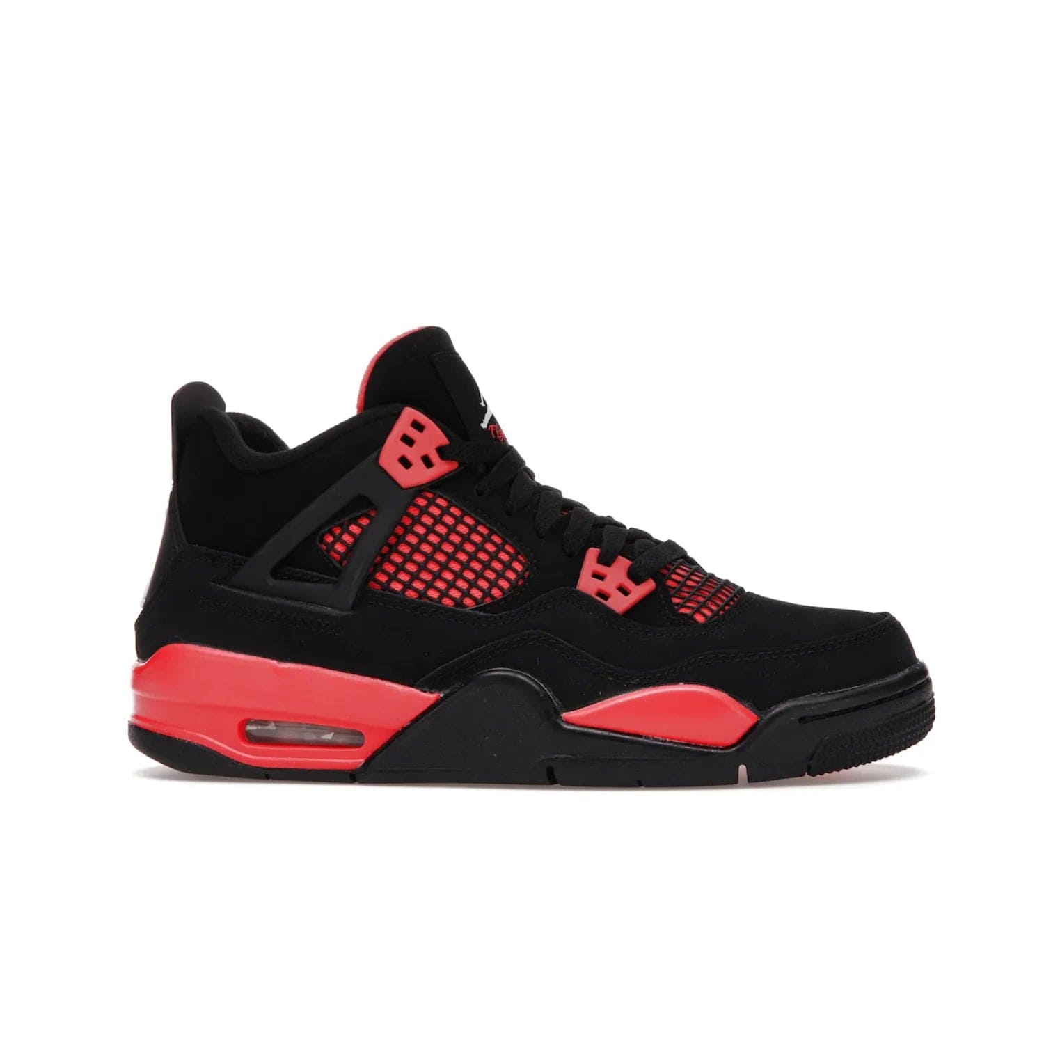 Jordan 4 Retro Red Thunder (GS) - Image 2 - Only at www.BallersClubKickz.com - The Air Jordan 4 Retro Red Thunder GS features a stylish black and crimson upper with a Jumpman logo. Athletic midsole with Air bubbles for cushioning and black rubber outsole with iconic motif complete this classic sneaker.
