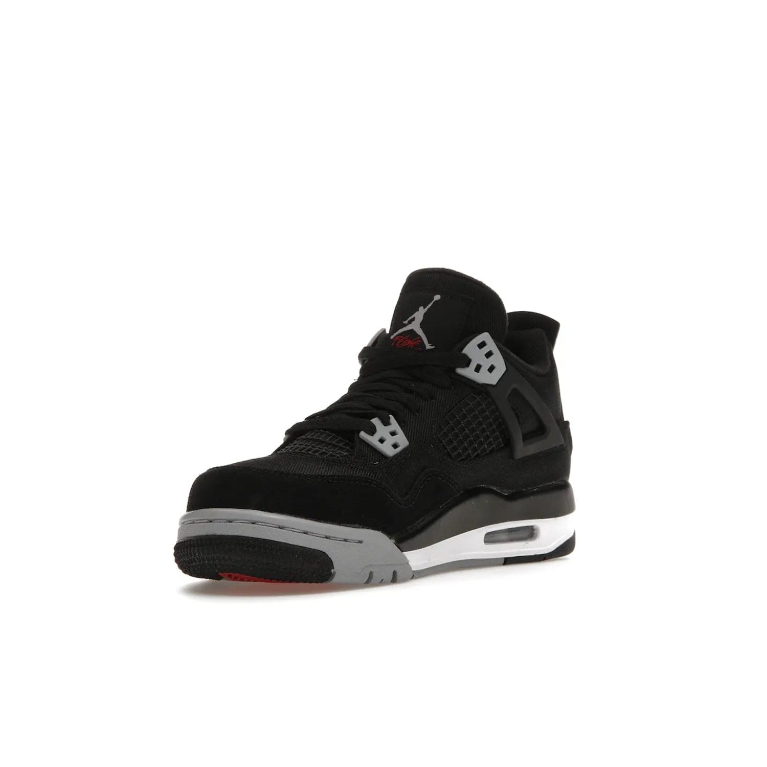 Jordan 4 Retro Black Canvas (GS) - Image 14 - Only at www.BallersClubKickz.com - Premium Air Jordan 4 Retro Black Canvas in grade-schooler's catalog. Featuring black suede canvas upper, grey molding, accents in red, white midsole, woven Jumpman tag, & visible AIR cushioning. Releasing Oct. 1, 2022.