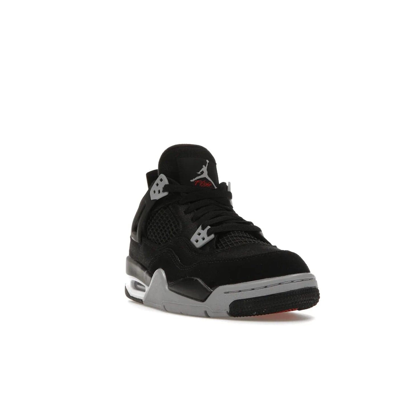 Jordan 4 Retro Black Canvas (GS) - Image 7 - Only at www.BallersClubKickz.com - Premium Air Jordan 4 Retro Black Canvas in grade-schooler's catalog. Featuring black suede canvas upper, grey molding, accents in red, white midsole, woven Jumpman tag, & visible AIR cushioning. Releasing Oct. 1, 2022.