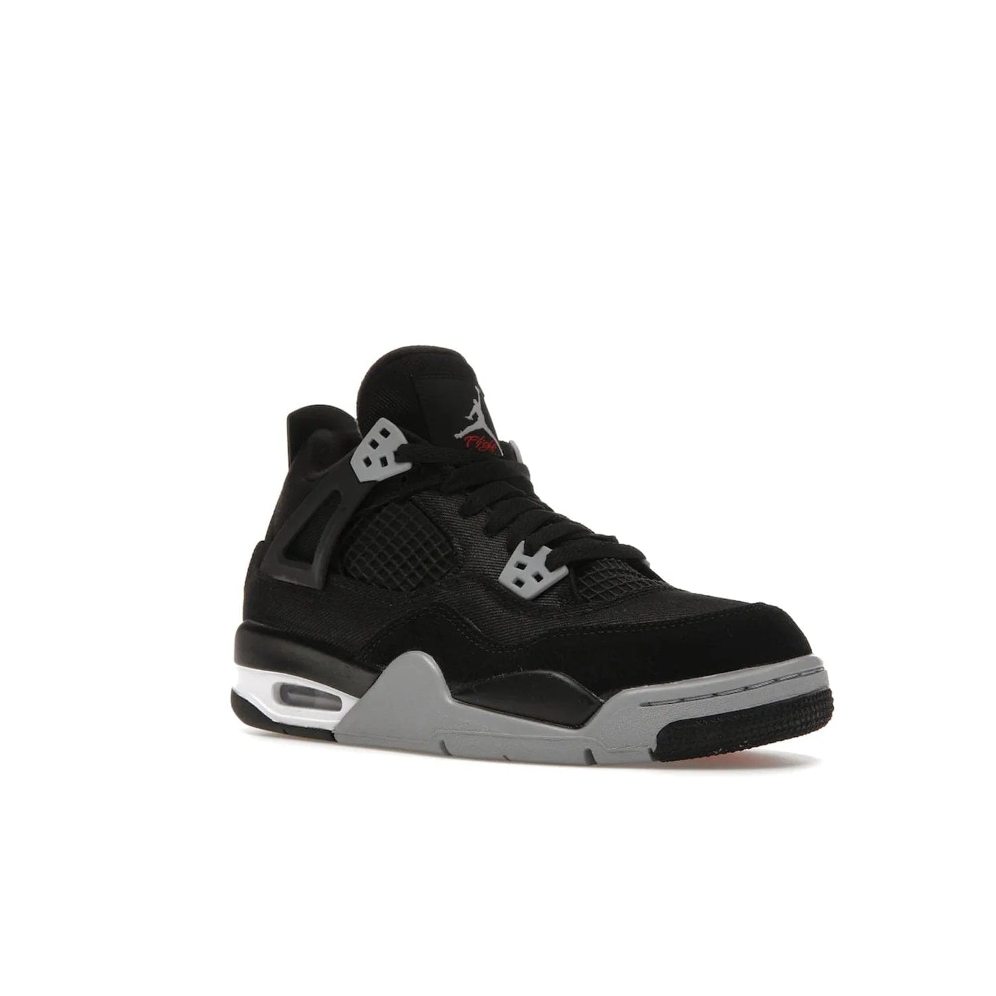Jordan 4 Retro Black Canvas (GS) - Image 5 - Only at www.BallersClubKickz.com - Premium Air Jordan 4 Retro Black Canvas in grade-schooler's catalog. Featuring black suede canvas upper, grey molding, accents in red, white midsole, woven Jumpman tag, & visible AIR cushioning. Releasing Oct. 1, 2022.