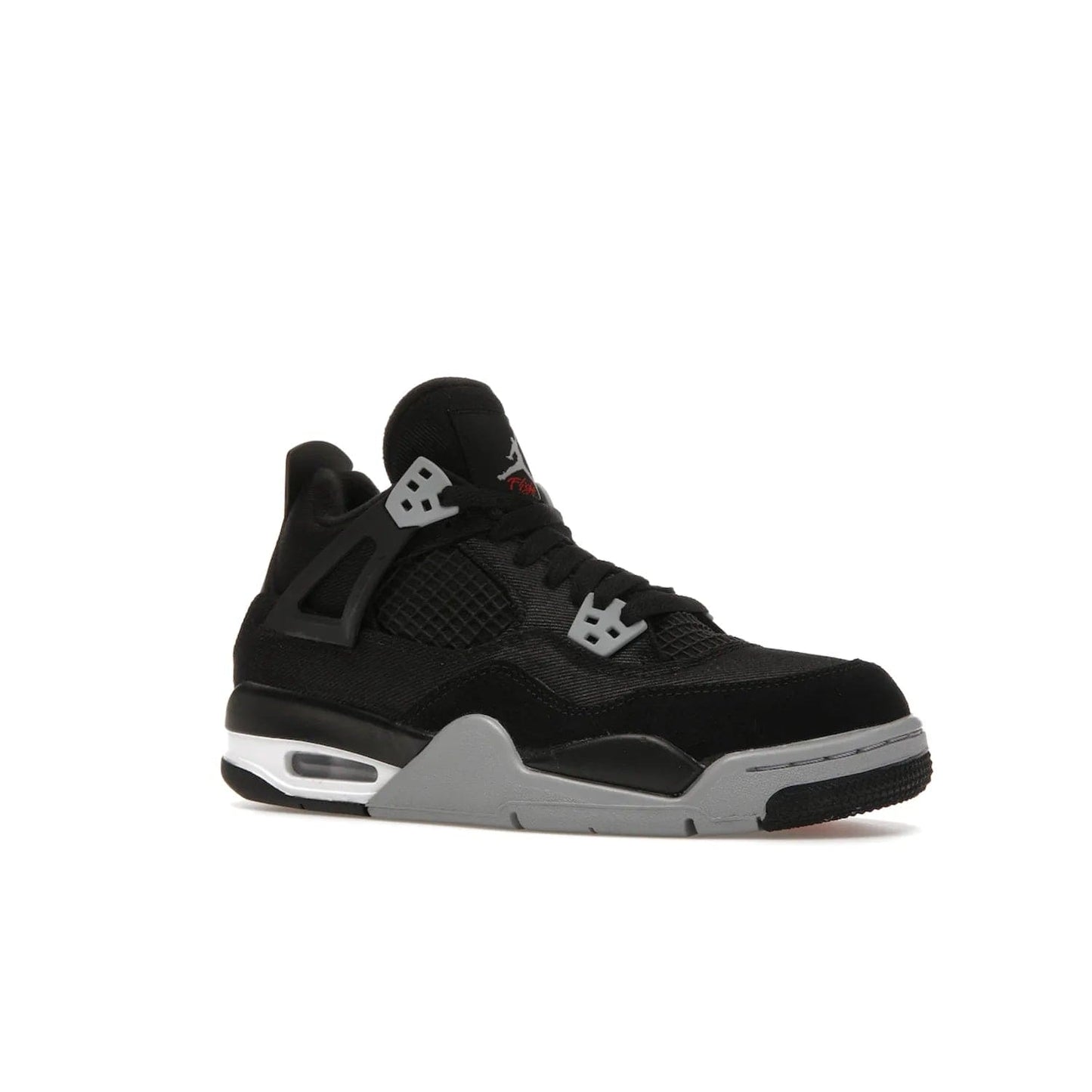 Jordan 4 Retro Black Canvas (GS) - Image 4 - Only at www.BallersClubKickz.com - Premium Air Jordan 4 Retro Black Canvas in grade-schooler's catalog. Featuring black suede canvas upper, grey molding, accents in red, white midsole, woven Jumpman tag, & visible AIR cushioning. Releasing Oct. 1, 2022.