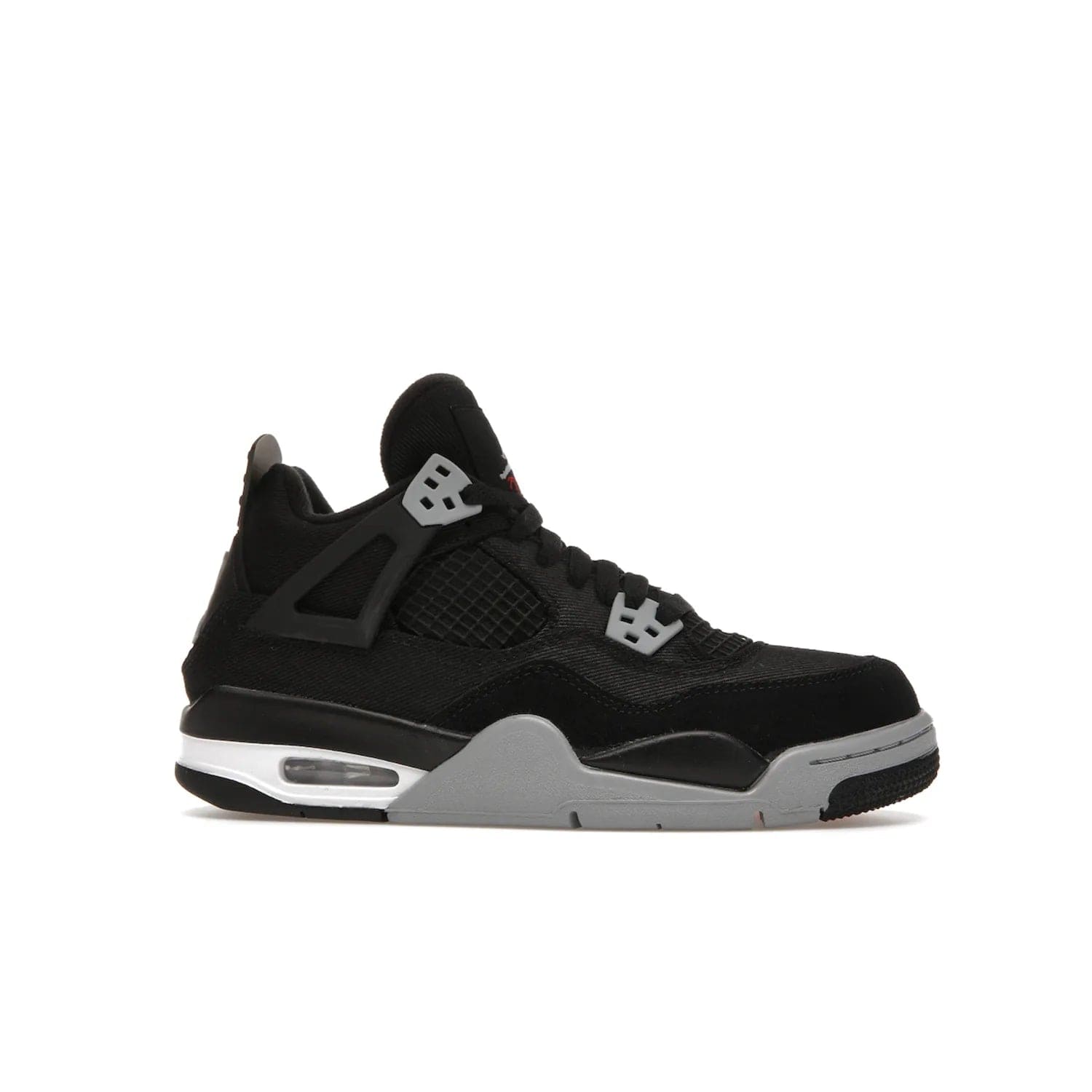 Jordan 4 Retro Black Canvas (GS) - Image 2 - Only at www.BallersClubKickz.com - Premium Air Jordan 4 Retro Black Canvas in grade-schooler's catalog. Featuring black suede canvas upper, grey molding, accents in red, white midsole, woven Jumpman tag, & visible AIR cushioning. Releasing Oct. 1, 2022.