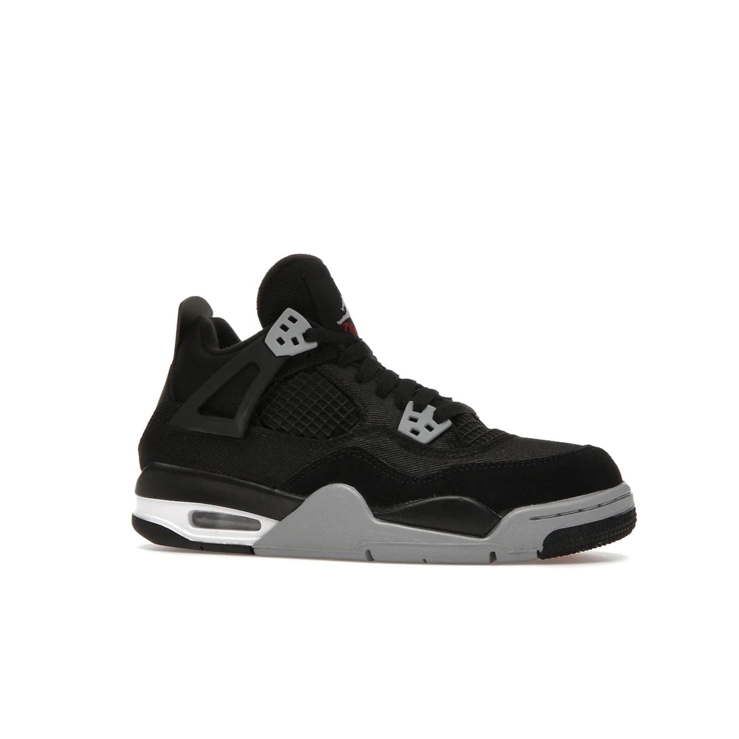 Jordan 4 Retro Black Canvas (GS) - Image 3 - Only at www.BallersClubKickz.com - Premium Air Jordan 4 Retro Black Canvas in grade-schooler's catalog. Featuring black suede canvas upper, grey molding, accents in red, white midsole, woven Jumpman tag, & visible AIR cushioning. Releasing Oct. 1, 2022.