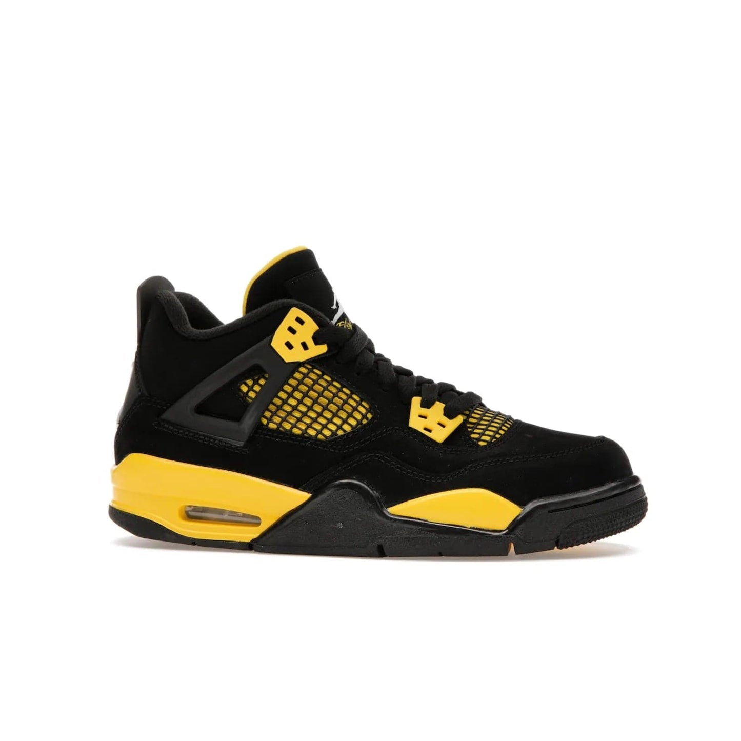 Jordan 4 Retro Thunder (2023) (GS) - Image 2 - Only at www.BallersClubKickz.com - Introducing the iconic Jordan 4 Retro Thunder from the 2023 collection! Sleek black and Tour Yellow detailing. Signature Jordan tongue tab. Mesmerizing design for sneaker collectors. Get yours now!