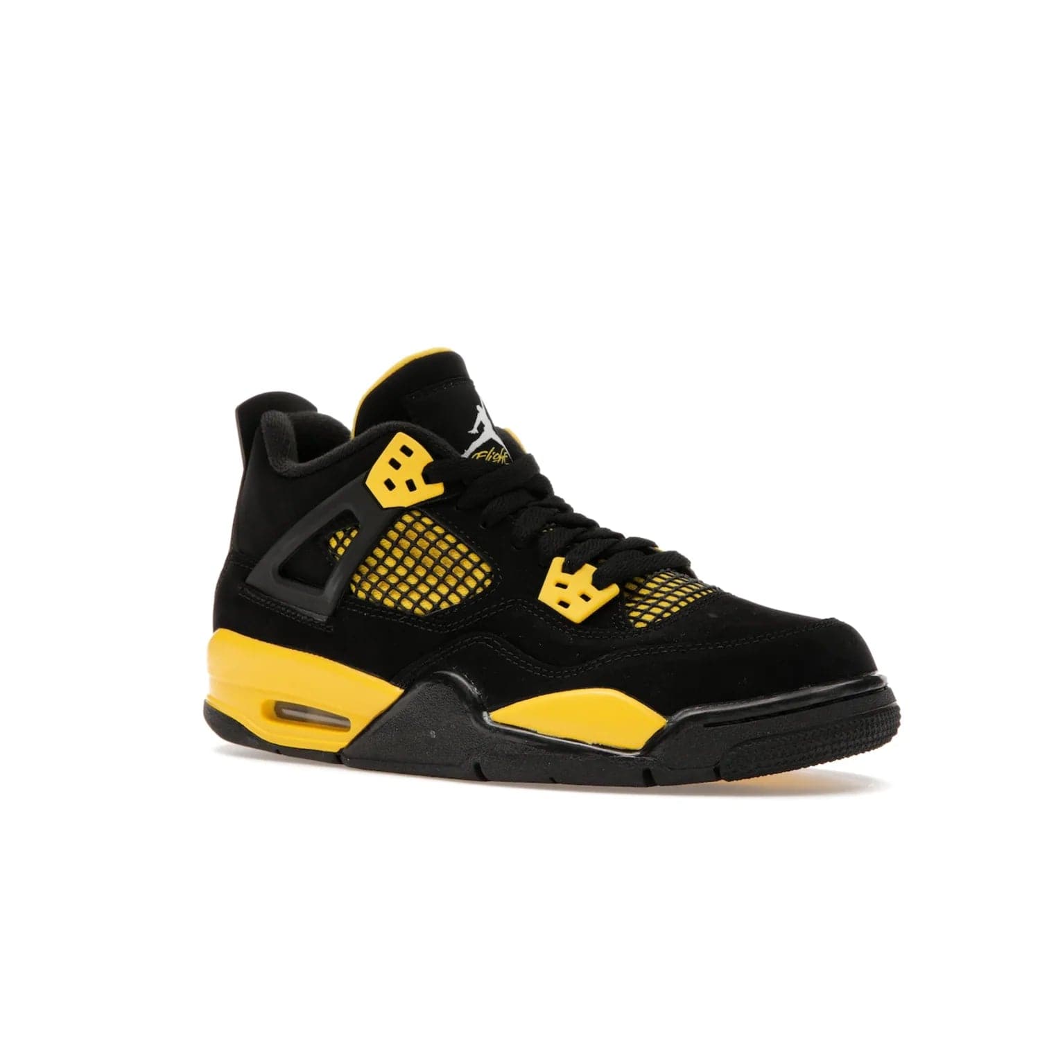 Jordan 4 Retro Thunder (2023) (GS) - Image 4 - Only at www.BallersClubKickz.com - Introducing the iconic Jordan 4 Retro Thunder from the 2023 collection! Sleek black and Tour Yellow detailing. Signature Jordan tongue tab. Mesmerizing design for sneaker collectors. Get yours now!