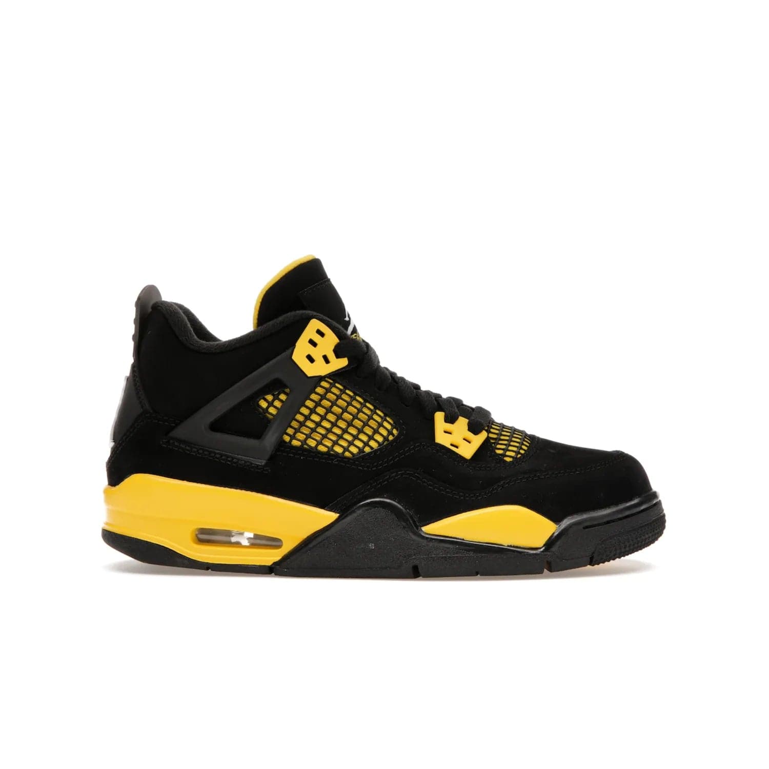 Jordan 4 Retro Thunder (2023) (GS) - Image 1 - Only at www.BallersClubKickz.com - Introducing the iconic Jordan 4 Retro Thunder from the 2023 collection! Sleek black and Tour Yellow detailing. Signature Jordan tongue tab. Mesmerizing design for sneaker collectors. Get yours now!