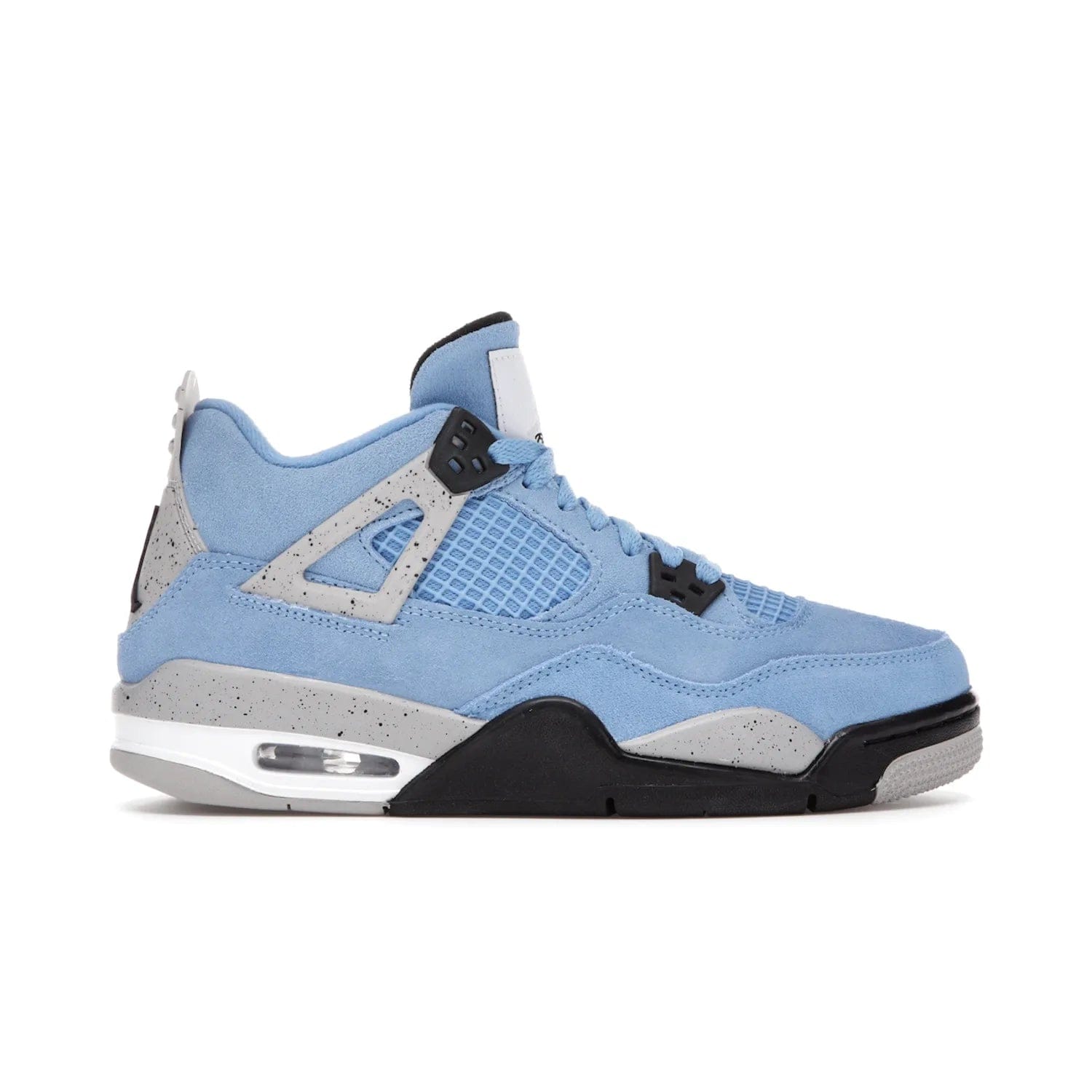 Jordan 4 Retro University Blue (GS) - Image 1 - Only at www.BallersClubKickz.com - Air Jordan 4 Retro University Blue GS: Classic silhouette and vibrant colors. Featuring a suede upper and Jumpman icon, this grade school-size shoe is perfect for collections and retails at $150.