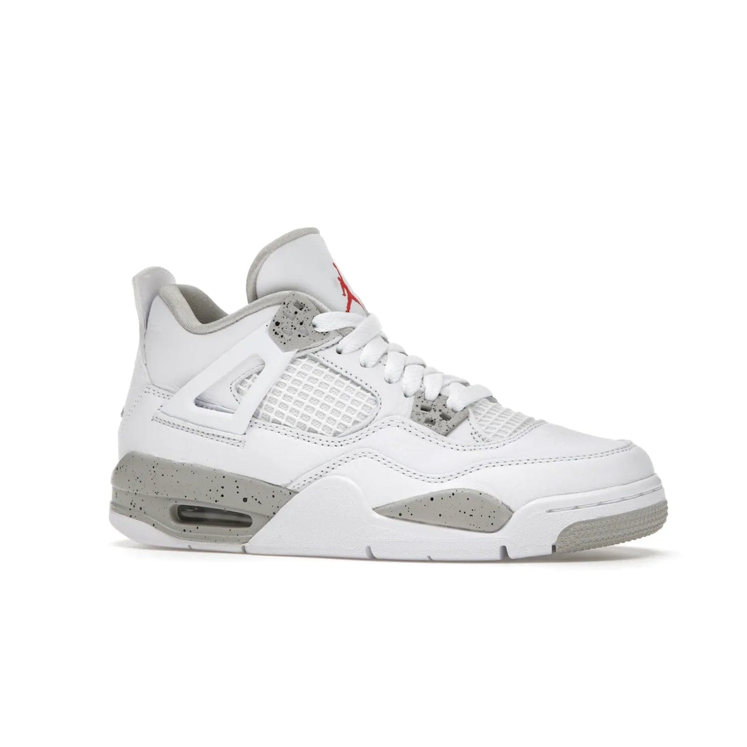 Jordan 4 Retro White Oreo (2021) (GS) - Image 3 - Only at www.BallersClubKickz.com - White Oreo Air Jordan 4 Retro 2021 GS - Iconic sneaker silhouette with white canvas upper, Tech Grey detailing, and Fire Red accents. Available July 2021.
