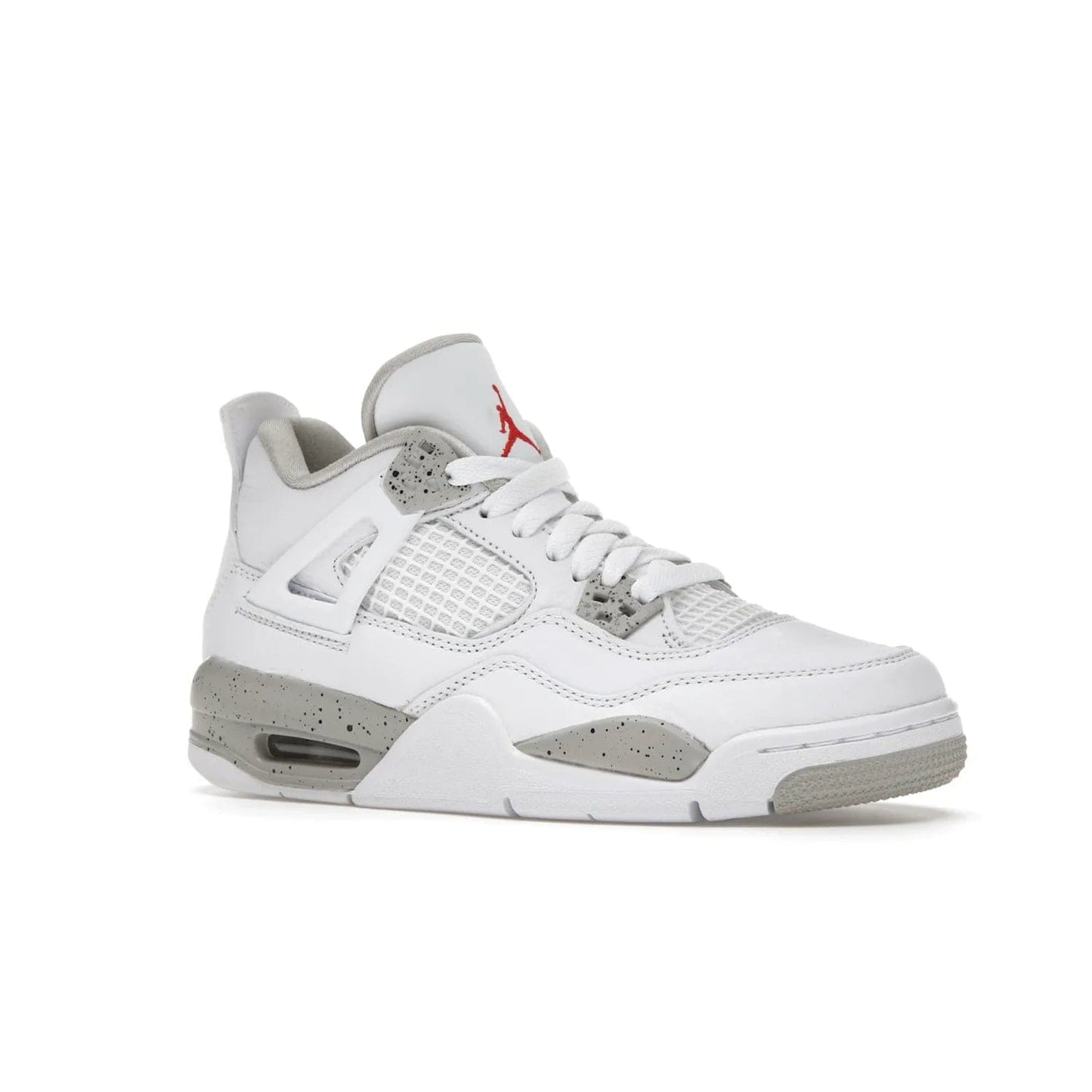 Jordan 4 Retro White Oreo (2021) (GS) - Image 4 - Only at www.BallersClubKickz.com - White Oreo Air Jordan 4 Retro 2021 GS - Iconic sneaker silhouette with white canvas upper, Tech Grey detailing, and Fire Red accents. Available July 2021.