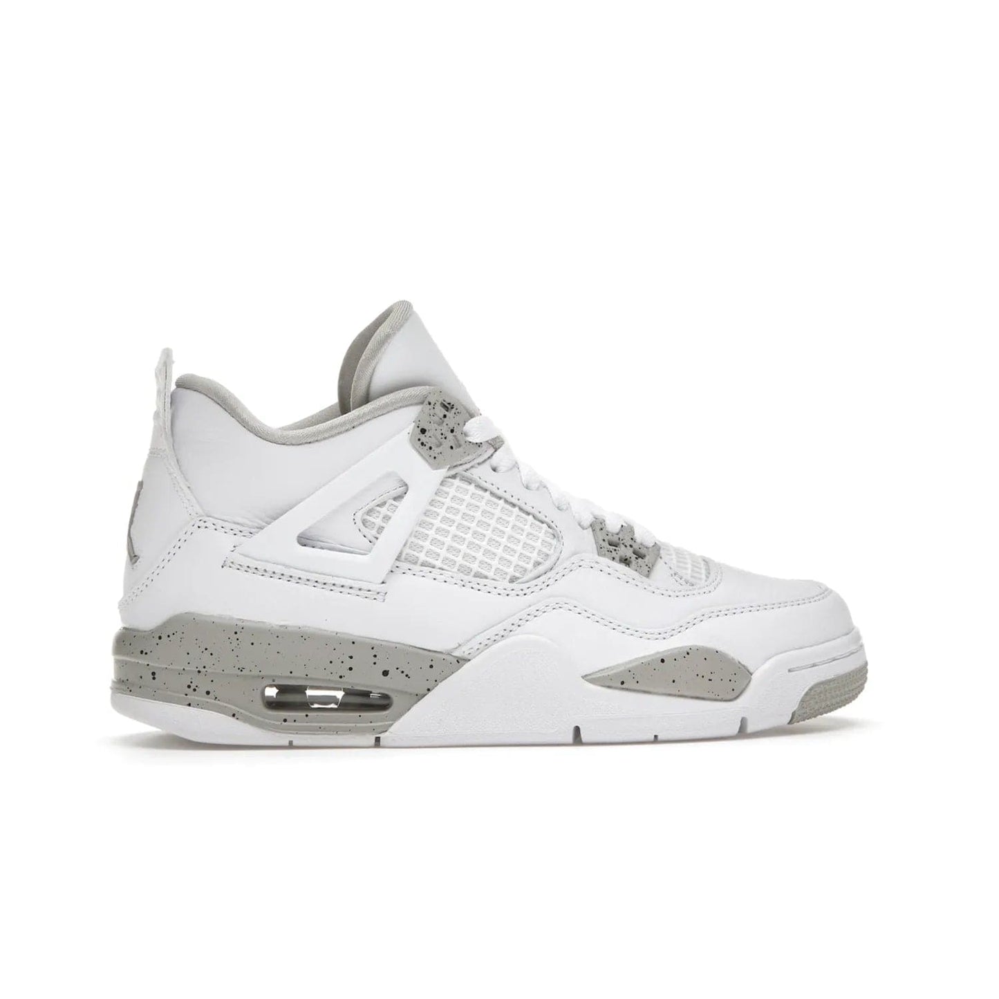 Jordan 4 Retro White Oreo (2021) (GS) - Image 36 - Only at www.BallersClubKickz.com - White Oreo Air Jordan 4 Retro 2021 GS - Iconic sneaker silhouette with white canvas upper, Tech Grey detailing, and Fire Red accents. Available July 2021.