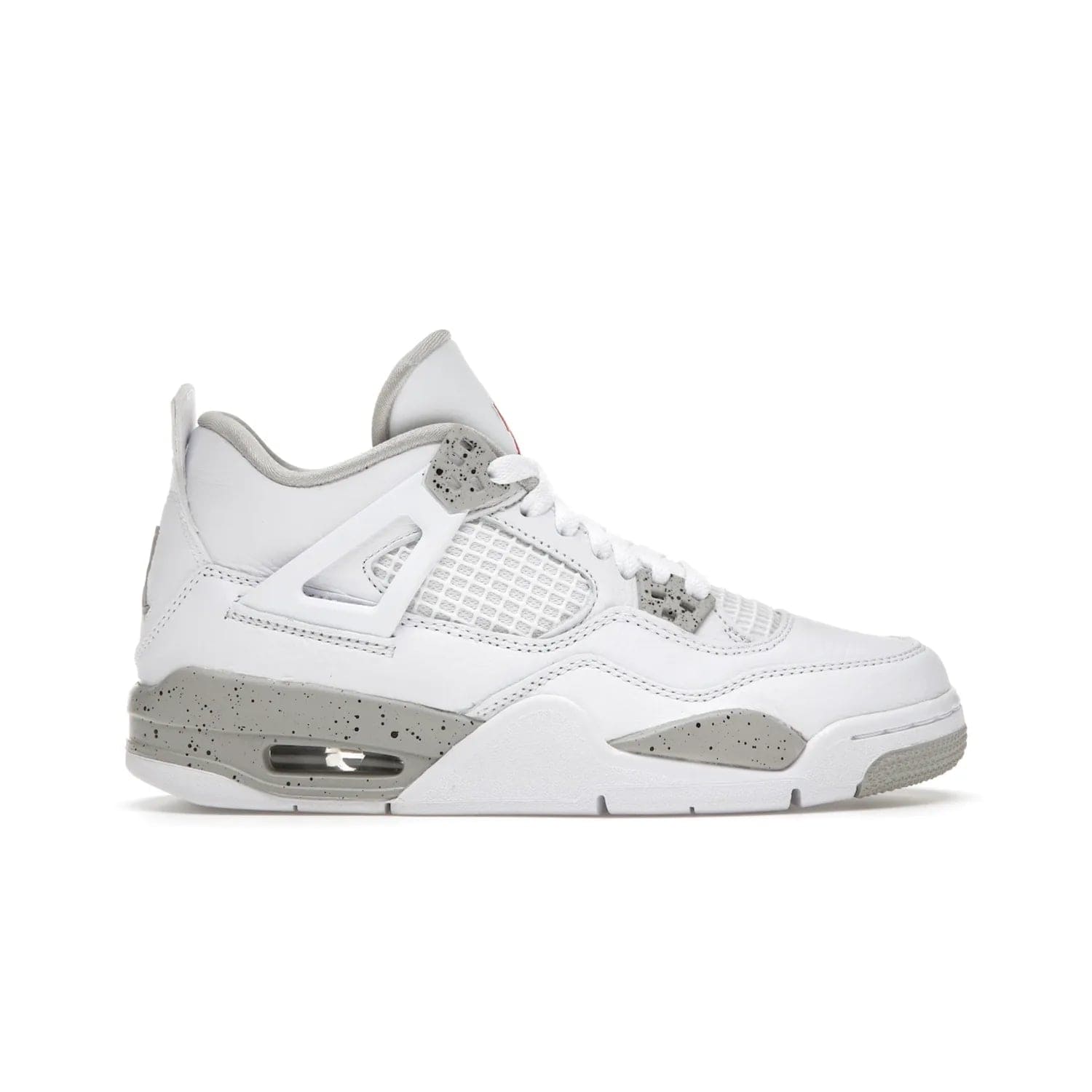 Jordan 4 Retro White Oreo (2021) (GS) - Image 1 - Only at www.BallersClubKickz.com - White Oreo Air Jordan 4 Retro 2021 GS - Iconic sneaker silhouette with white canvas upper, Tech Grey detailing, and Fire Red accents. Available July 2021.