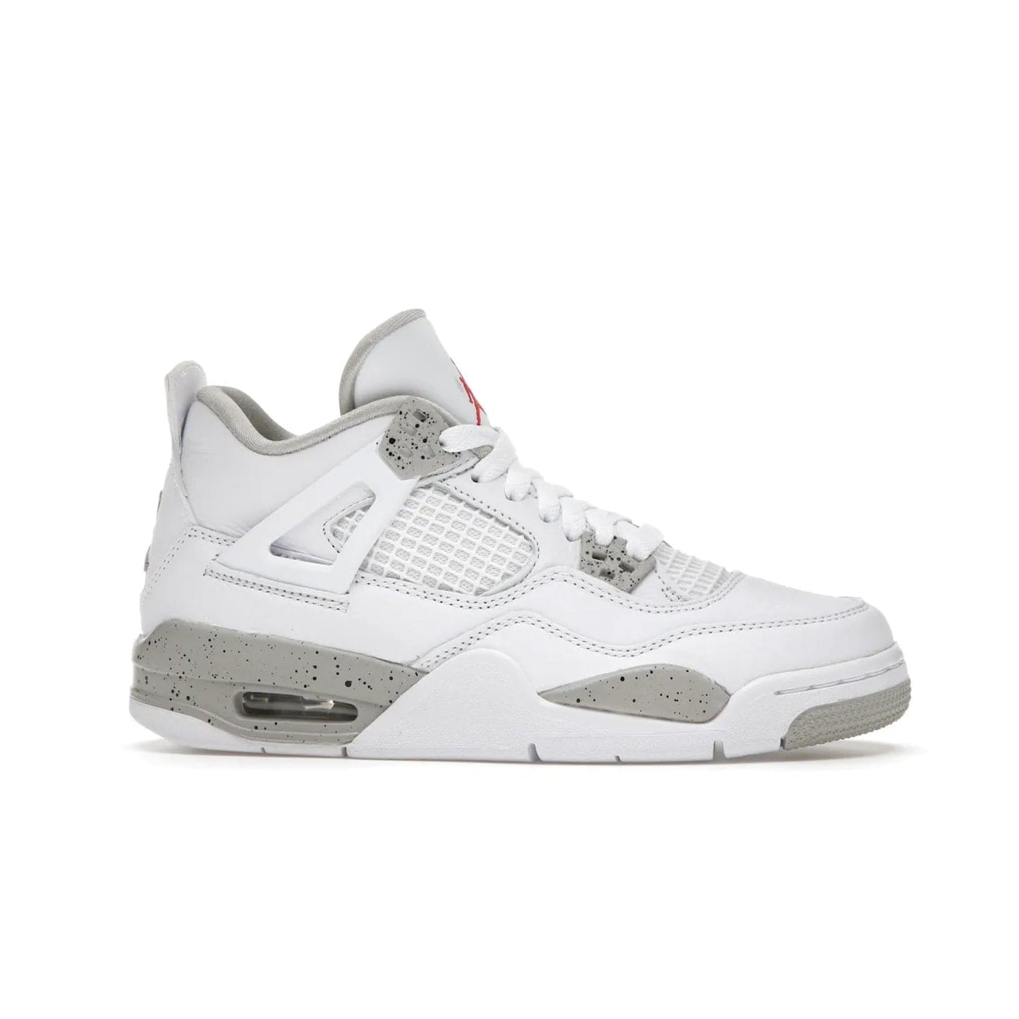 Jordan 4 Retro White Oreo (2021) (GS) - Image 2 - Only at www.BallersClubKickz.com - White Oreo Air Jordan 4 Retro 2021 GS - Iconic sneaker silhouette with white canvas upper, Tech Grey detailing, and Fire Red accents. Available July 2021.