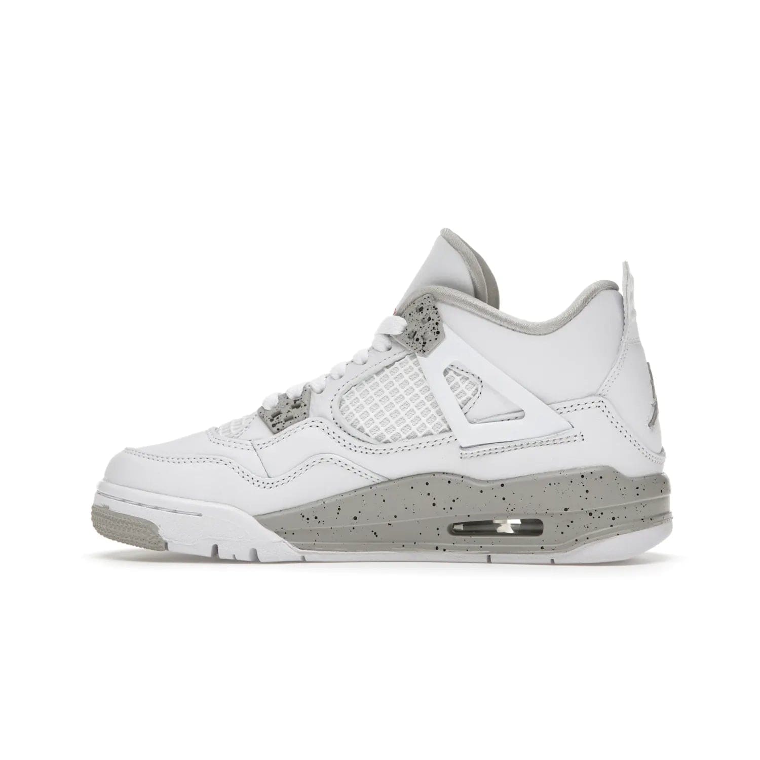 Jordan 4 Retro White Oreo (2021) (GS) - Image 20 - Only at www.BallersClubKickz.com - White Oreo Air Jordan 4 Retro 2021 GS - Iconic sneaker silhouette with white canvas upper, Tech Grey detailing, and Fire Red accents. Available July 2021.