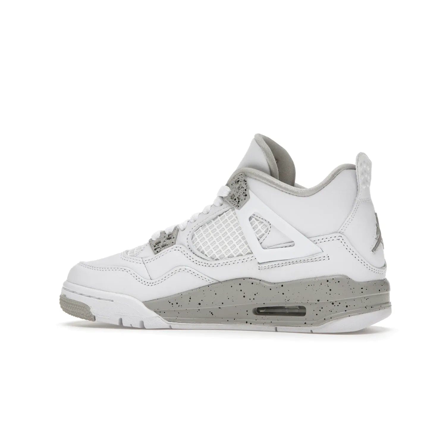 Jordan 4 Retro White Oreo (2021) (GS) - Image 21 - Only at www.BallersClubKickz.com - White Oreo Air Jordan 4 Retro 2021 GS - Iconic sneaker silhouette with white canvas upper, Tech Grey detailing, and Fire Red accents. Available July 2021.