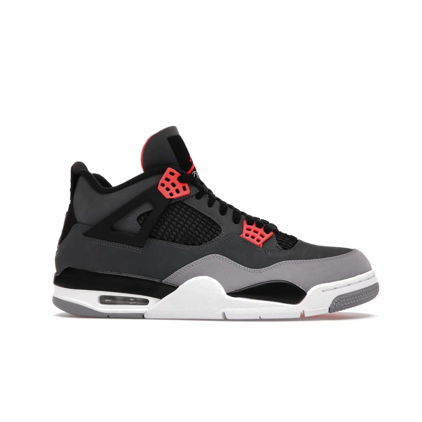 Jordan 4 Retro Infrared - Image 2 - Only at www.BallersClubKickz.com - Introducing the classic & timeless Air Jordan 4 Infrared. Durabuck upper, TPU mesh inserts, tech straps & heel tabs in dark grey and infrared accents. White sole with visible Air units. Out June 15, 2022. Get your pair now!