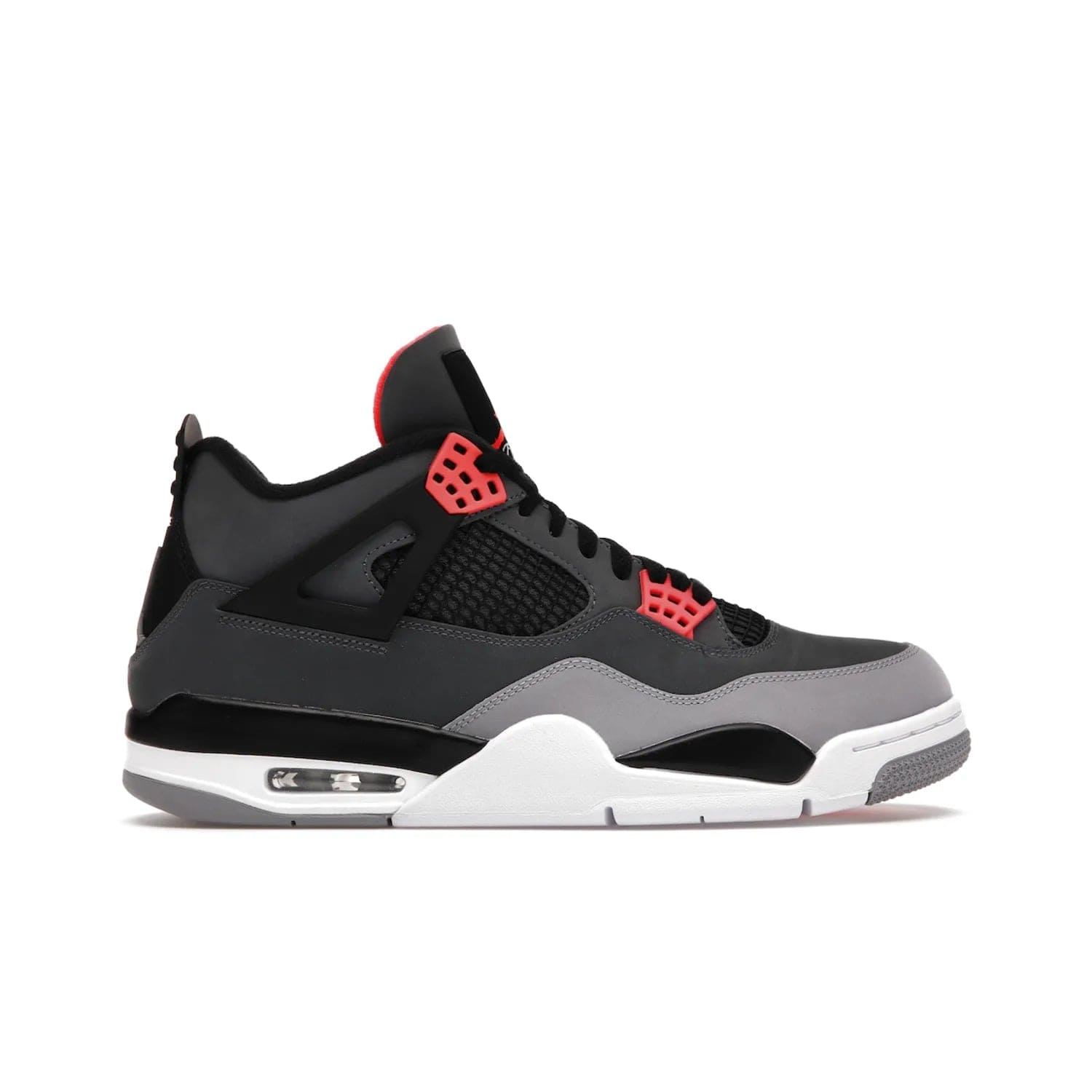 Jordan 4 Retro Infrared - Image 1 - Only at www.BallersClubKickz.com - Introducing the classic & timeless Air Jordan 4 Infrared. Durabuck upper, TPU mesh inserts, tech straps & heel tabs in dark grey and infrared accents. White sole with visible Air units. Out June 15, 2022. Get your pair now!