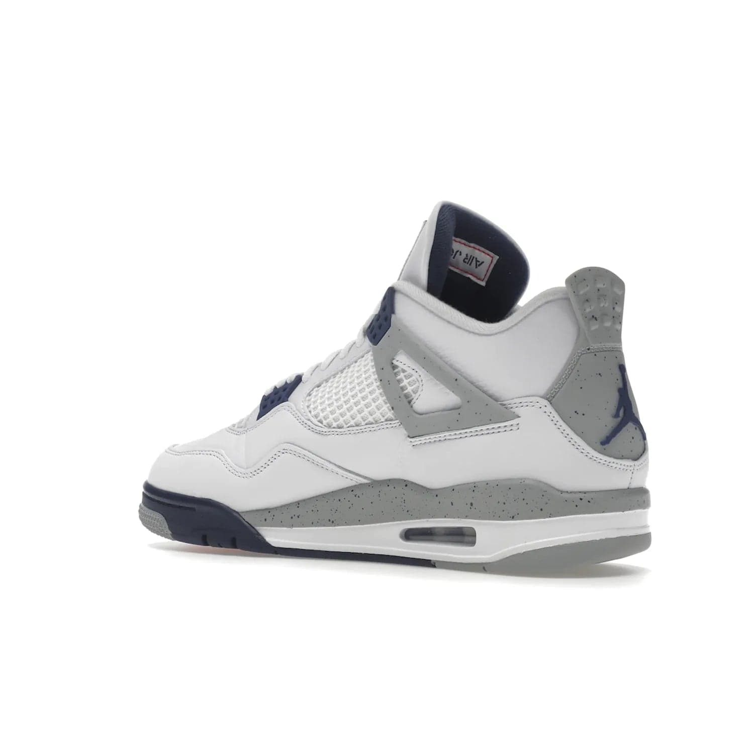 Jordan 4 Retro Midnight Navy - Image 23 - Only at www.BallersClubKickz.com - Shop the Air Jordan Retro 4 White Midnight Navy. Stand out with a classic white leather upper, black support wings, midnight navy eyelets, and Crimson Jumpman tongue tag. Unbeatable comfort with two-tone polyurethane midsole with encapsulated Air technology. Get yours before October 29th, 2022.