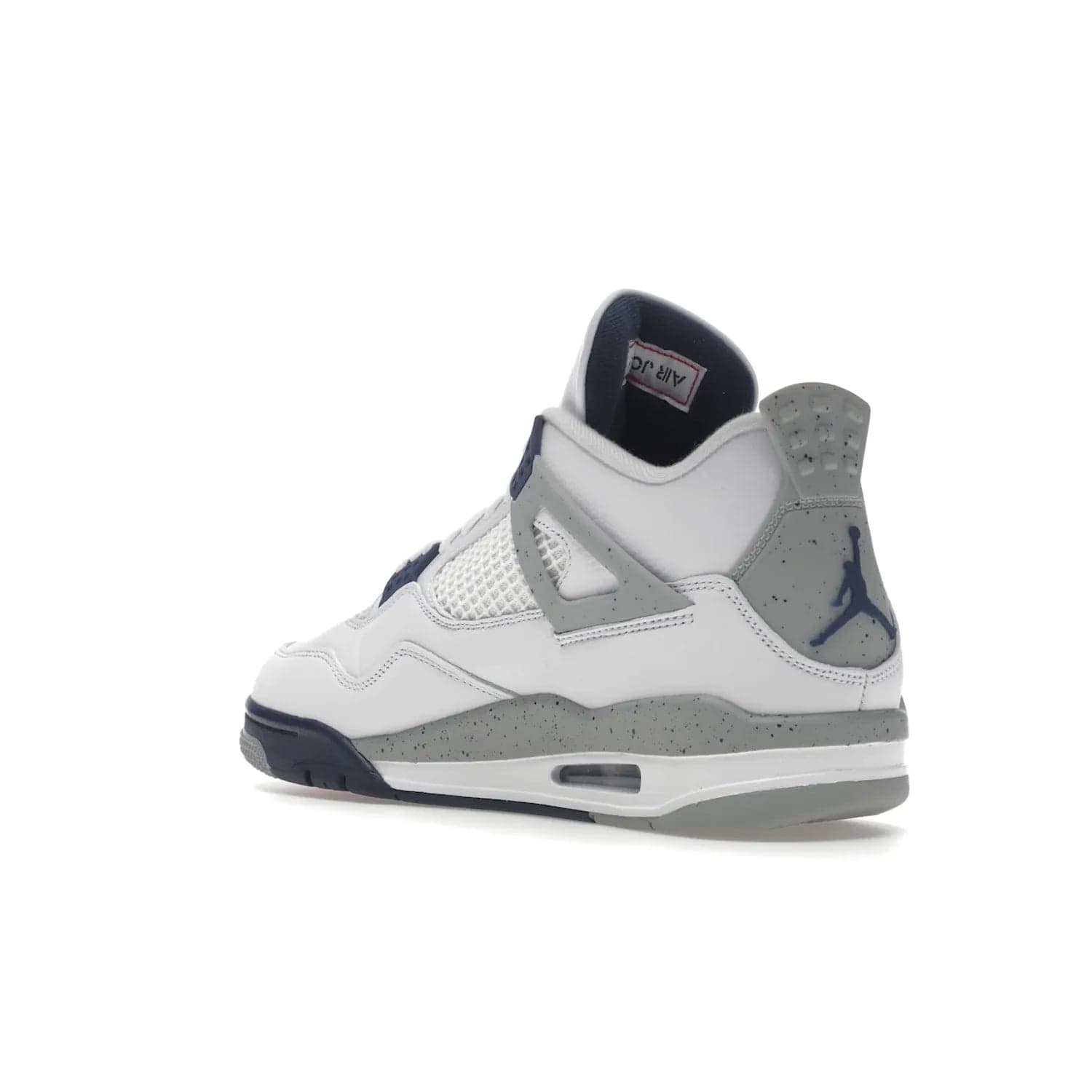 Jordan 4 Retro Midnight Navy - Image 24 - Only at www.BallersClubKickz.com - Shop the Air Jordan Retro 4 White Midnight Navy. Stand out with a classic white leather upper, black support wings, midnight navy eyelets, and Crimson Jumpman tongue tag. Unbeatable comfort with two-tone polyurethane midsole with encapsulated Air technology. Get yours before October 29th, 2022.