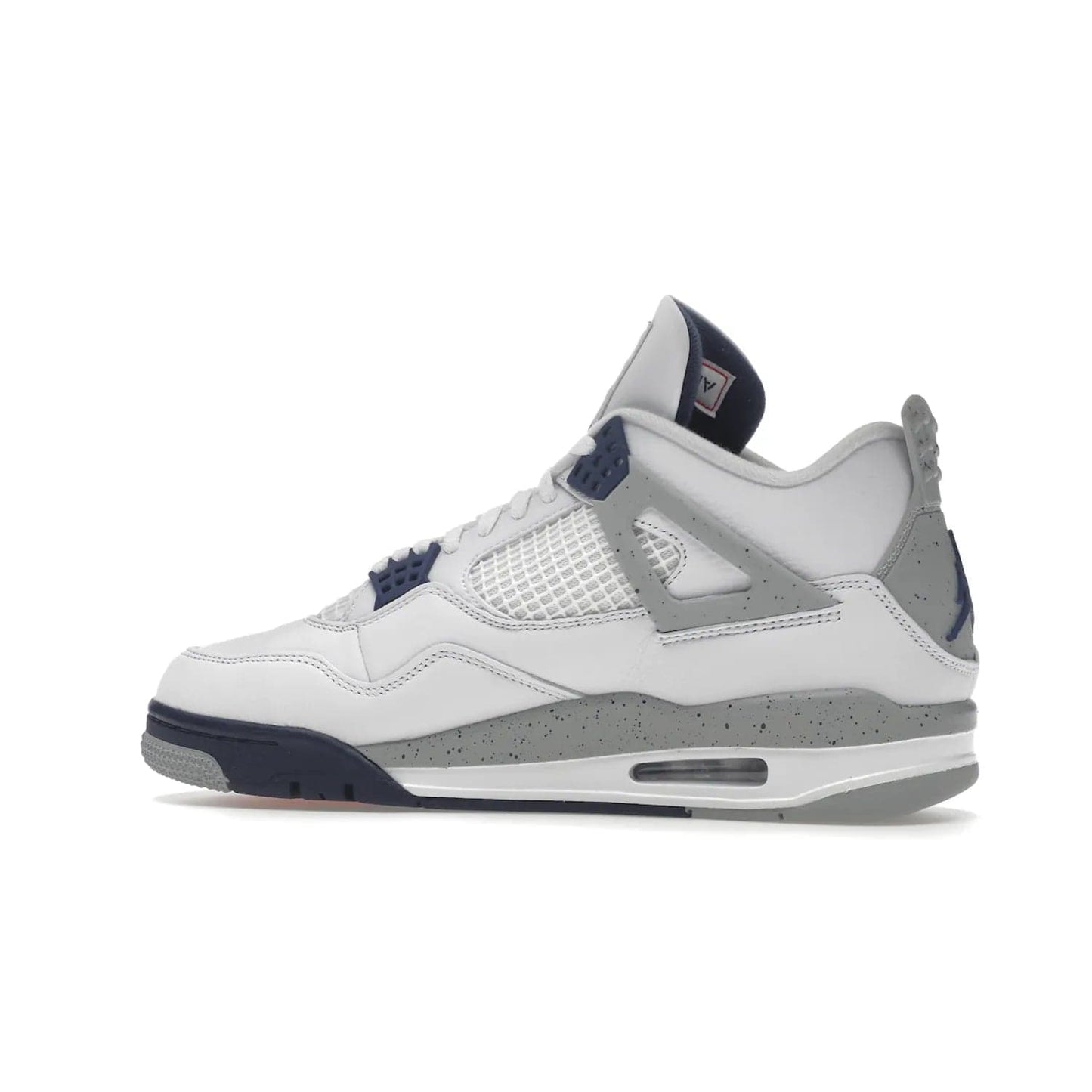 Jordan 4 Retro Midnight Navy - Image 21 - Only at www.BallersClubKickz.com - Shop the Air Jordan Retro 4 White Midnight Navy. Stand out with a classic white leather upper, black support wings, midnight navy eyelets, and Crimson Jumpman tongue tag. Unbeatable comfort with two-tone polyurethane midsole with encapsulated Air technology. Get yours before October 29th, 2022.