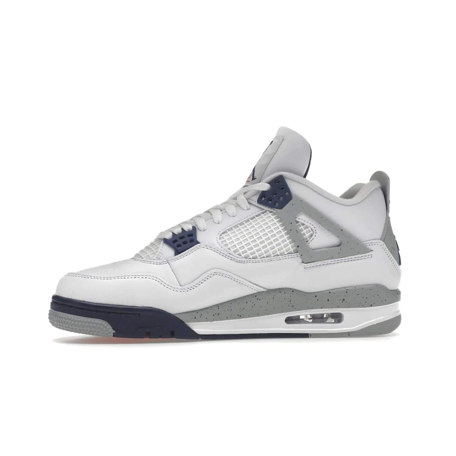 Jordan 4 Retro Midnight Navy - Image 18 - Only at www.BallersClubKickz.com - Shop the Air Jordan Retro 4 White Midnight Navy. Stand out with a classic white leather upper, black support wings, midnight navy eyelets, and Crimson Jumpman tongue tag. Unbeatable comfort with two-tone polyurethane midsole with encapsulated Air technology. Get yours before October 29th, 2022.