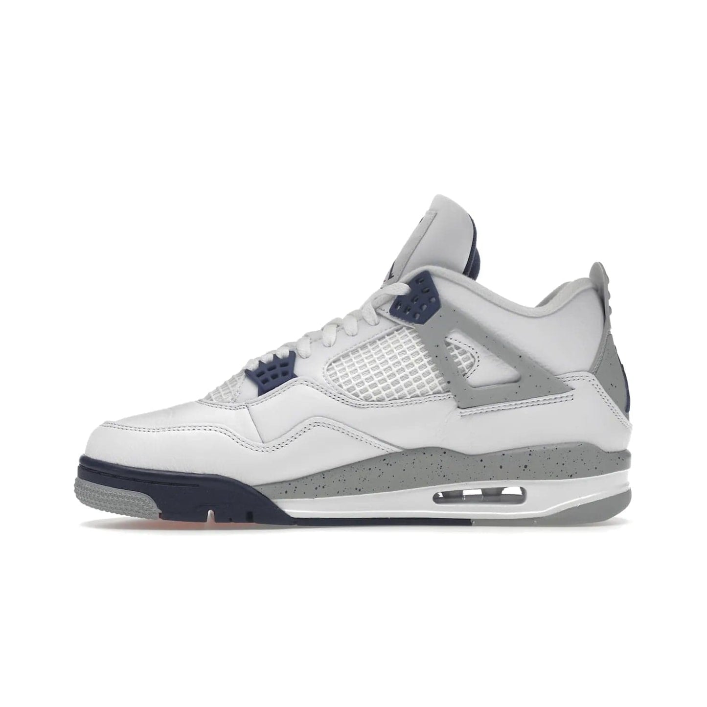 Jordan 4 Retro Midnight Navy - Image 19 - Only at www.BallersClubKickz.com - Shop the Air Jordan Retro 4 White Midnight Navy. Stand out with a classic white leather upper, black support wings, midnight navy eyelets, and Crimson Jumpman tongue tag. Unbeatable comfort with two-tone polyurethane midsole with encapsulated Air technology. Get yours before October 29th, 2022.