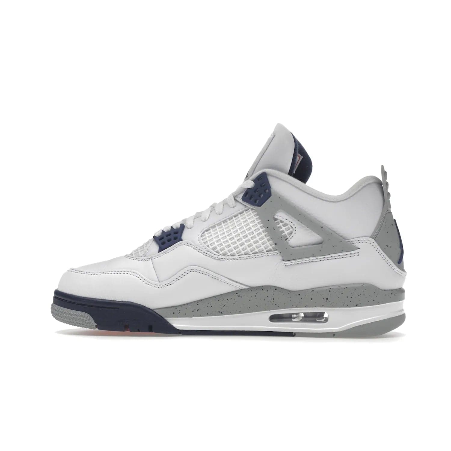 Jordan 4 Retro Midnight Navy - Image 20 - Only at www.BallersClubKickz.com - Shop the Air Jordan Retro 4 White Midnight Navy. Stand out with a classic white leather upper, black support wings, midnight navy eyelets, and Crimson Jumpman tongue tag. Unbeatable comfort with two-tone polyurethane midsole with encapsulated Air technology. Get yours before October 29th, 2022.