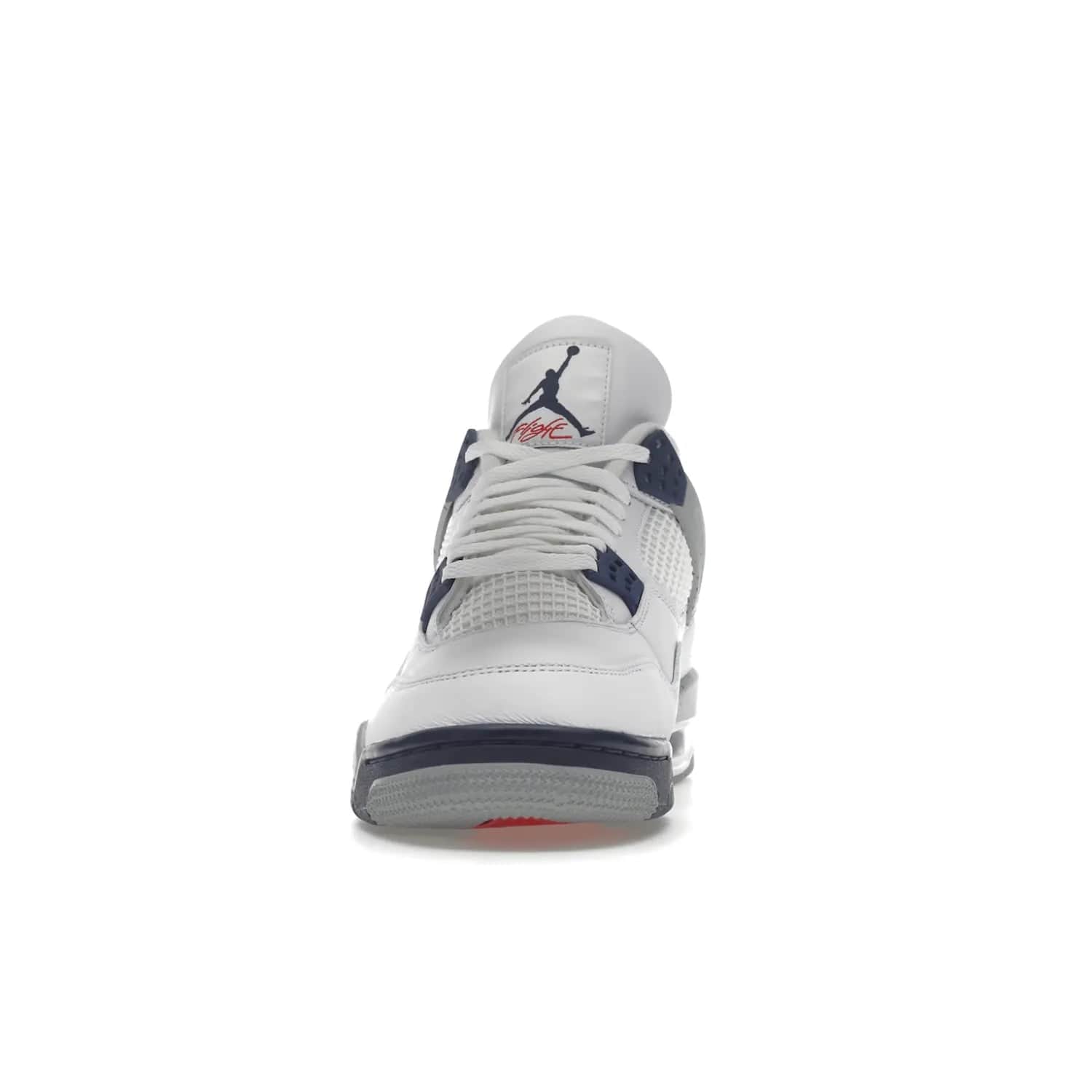 Jordan 4 Retro Midnight Navy - Image 11 - Only at www.BallersClubKickz.com - Shop the Air Jordan Retro 4 White Midnight Navy. Stand out with a classic white leather upper, black support wings, midnight navy eyelets, and Crimson Jumpman tongue tag. Unbeatable comfort with two-tone polyurethane midsole with encapsulated Air technology. Get yours before October 29th, 2022.
