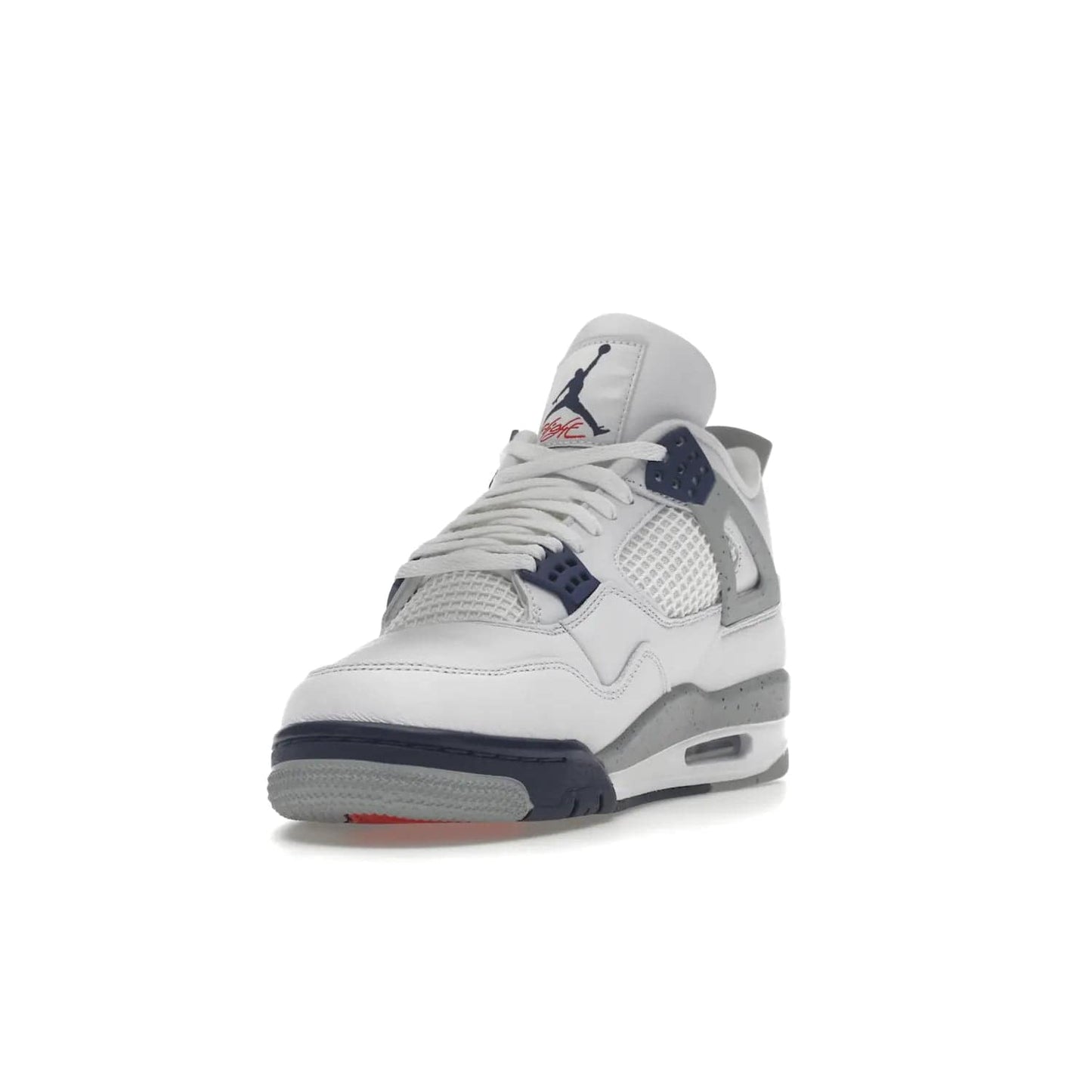 Jordan 4 Retro Midnight Navy - Image 13 - Only at www.BallersClubKickz.com - Shop the Air Jordan Retro 4 White Midnight Navy. Stand out with a classic white leather upper, black support wings, midnight navy eyelets, and Crimson Jumpman tongue tag. Unbeatable comfort with two-tone polyurethane midsole with encapsulated Air technology. Get yours before October 29th, 2022.