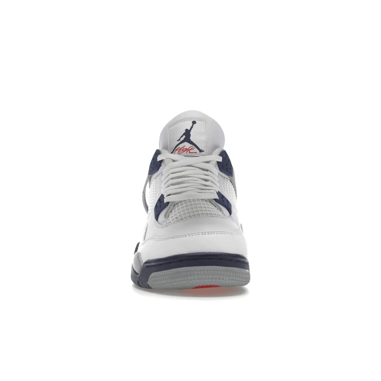 Jordan 4 Retro Midnight Navy - Image 10 - Only at www.BallersClubKickz.com - Shop the Air Jordan Retro 4 White Midnight Navy. Stand out with a classic white leather upper, black support wings, midnight navy eyelets, and Crimson Jumpman tongue tag. Unbeatable comfort with two-tone polyurethane midsole with encapsulated Air technology. Get yours before October 29th, 2022.