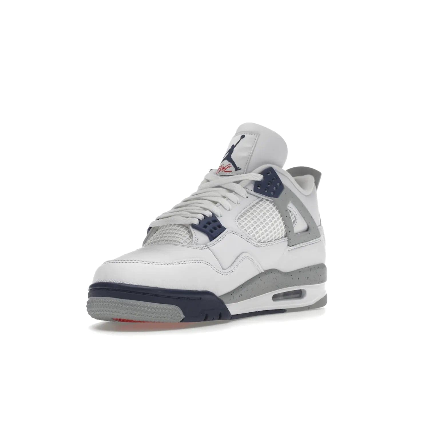 Jordan 4 Retro Midnight Navy - Image 14 - Only at www.BallersClubKickz.com - Shop the Air Jordan Retro 4 White Midnight Navy. Stand out with a classic white leather upper, black support wings, midnight navy eyelets, and Crimson Jumpman tongue tag. Unbeatable comfort with two-tone polyurethane midsole with encapsulated Air technology. Get yours before October 29th, 2022.