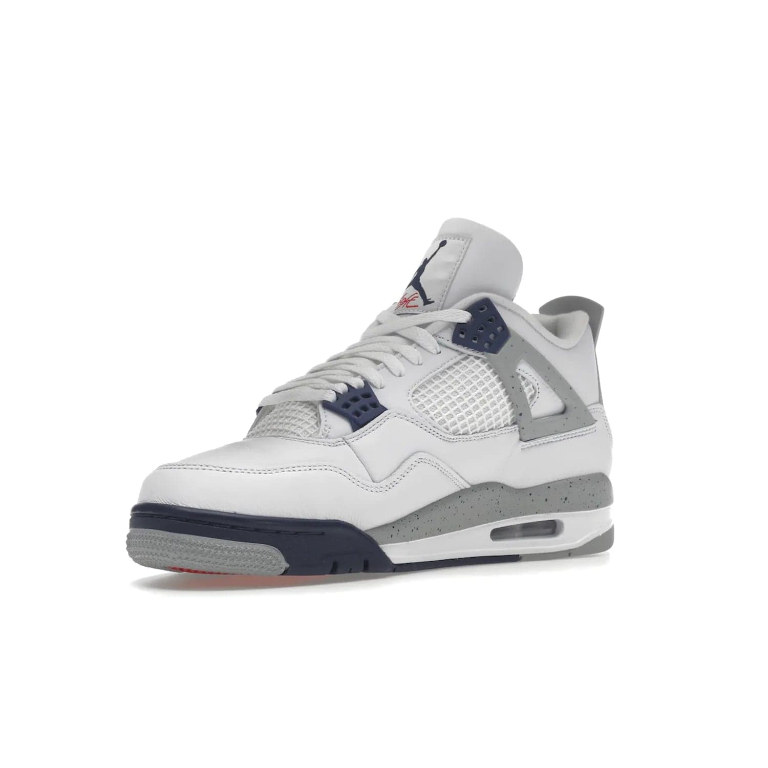 Jordan 4 Retro Midnight Navy - Image 15 - Only at www.BallersClubKickz.com - Shop the Air Jordan Retro 4 White Midnight Navy. Stand out with a classic white leather upper, black support wings, midnight navy eyelets, and Crimson Jumpman tongue tag. Unbeatable comfort with two-tone polyurethane midsole with encapsulated Air technology. Get yours before October 29th, 2022.