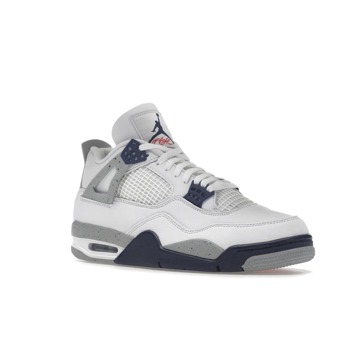 Jordan 4 Retro Midnight Navy - Image 5 - Only at www.BallersClubKickz.com - Shop the Air Jordan Retro 4 White Midnight Navy. Stand out with a classic white leather upper, black support wings, midnight navy eyelets, and Crimson Jumpman tongue tag. Unbeatable comfort with two-tone polyurethane midsole with encapsulated Air technology. Get yours before October 29th, 2022.