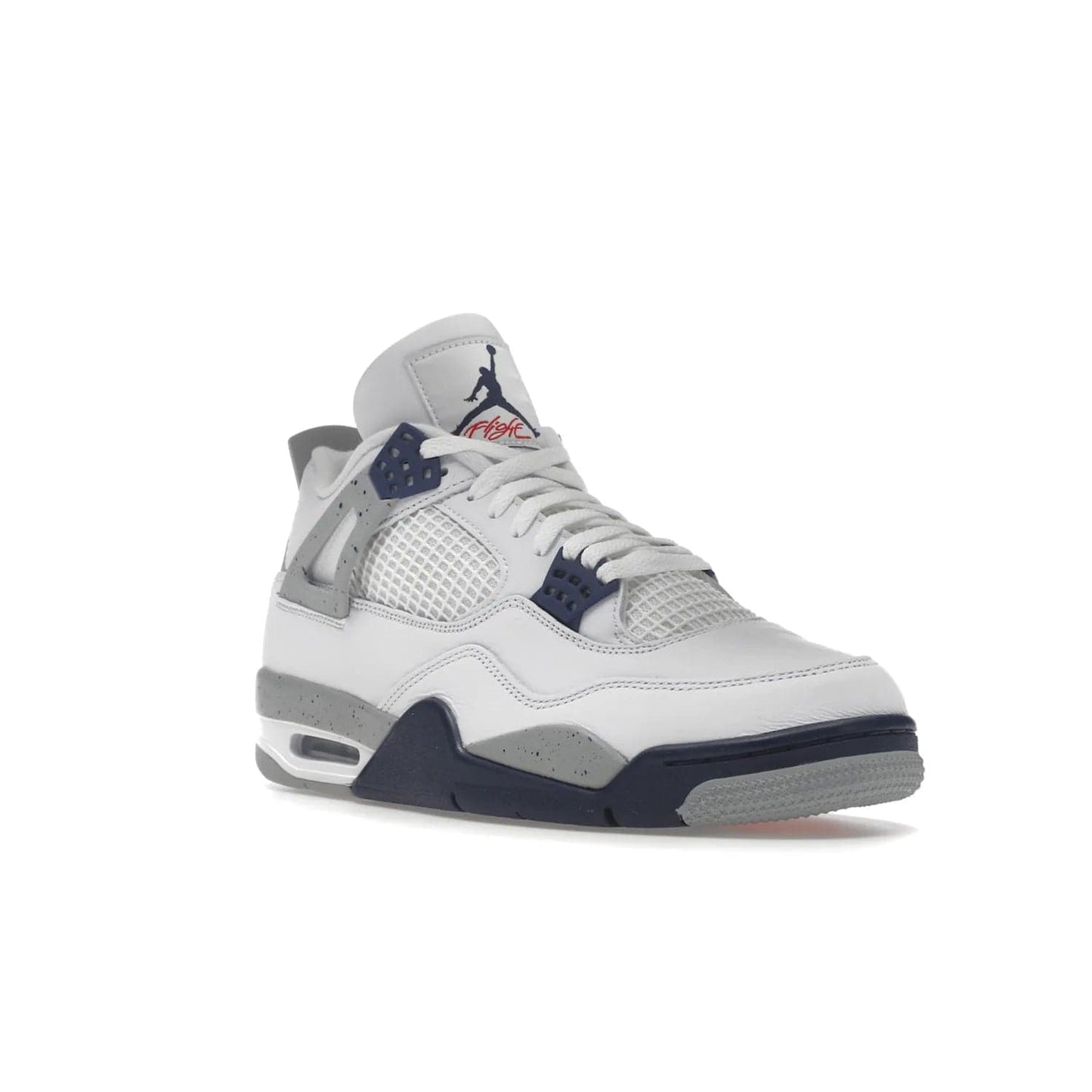Jordan 4 Retro Midnight Navy - Image 6 - Only at www.BallersClubKickz.com - Shop the Air Jordan Retro 4 White Midnight Navy. Stand out with a classic white leather upper, black support wings, midnight navy eyelets, and Crimson Jumpman tongue tag. Unbeatable comfort with two-tone polyurethane midsole with encapsulated Air technology. Get yours before October 29th, 2022.