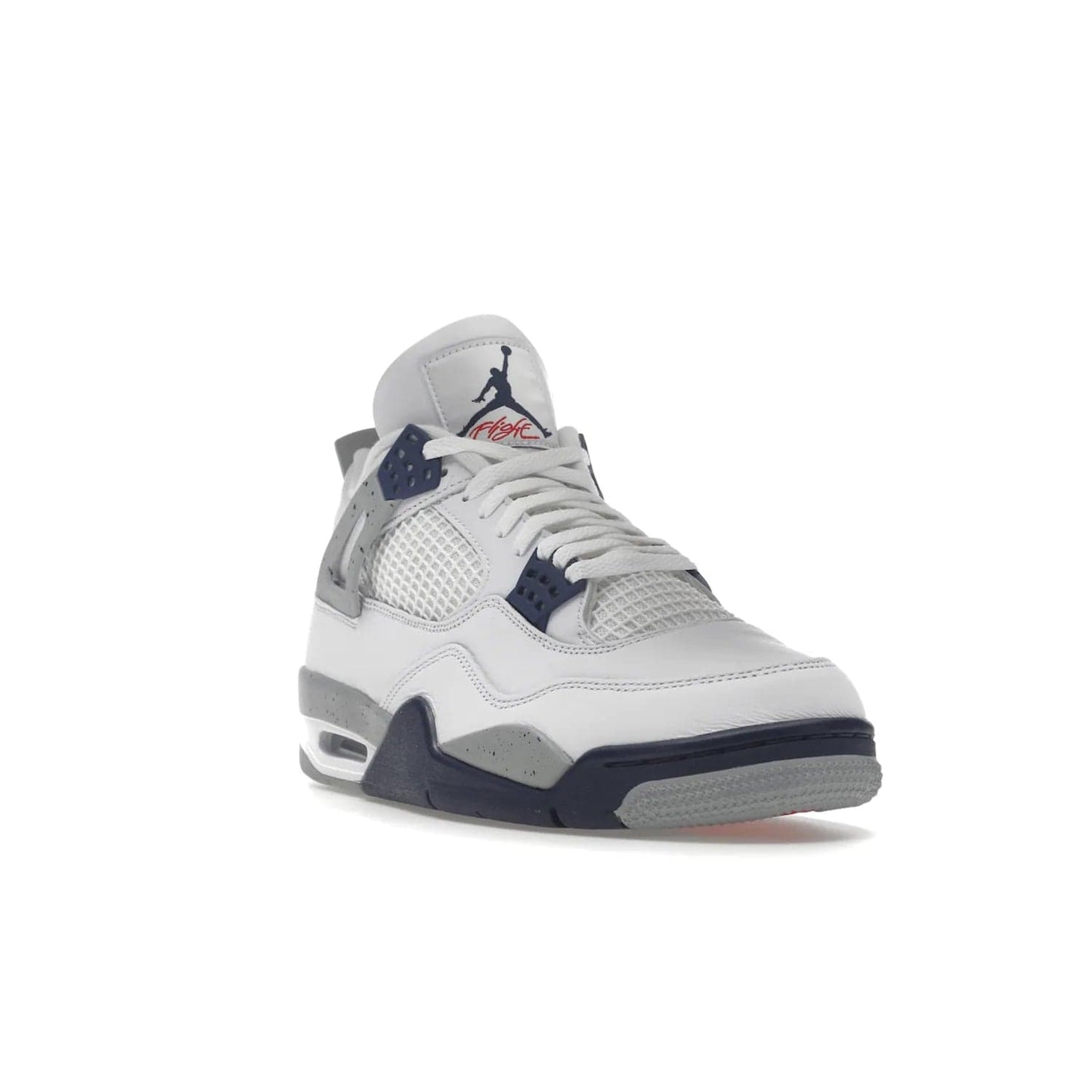 Jordan 4 Retro Midnight Navy - Image 7 - Only at www.BallersClubKickz.com - Shop the Air Jordan Retro 4 White Midnight Navy. Stand out with a classic white leather upper, black support wings, midnight navy eyelets, and Crimson Jumpman tongue tag. Unbeatable comfort with two-tone polyurethane midsole with encapsulated Air technology. Get yours before October 29th, 2022.