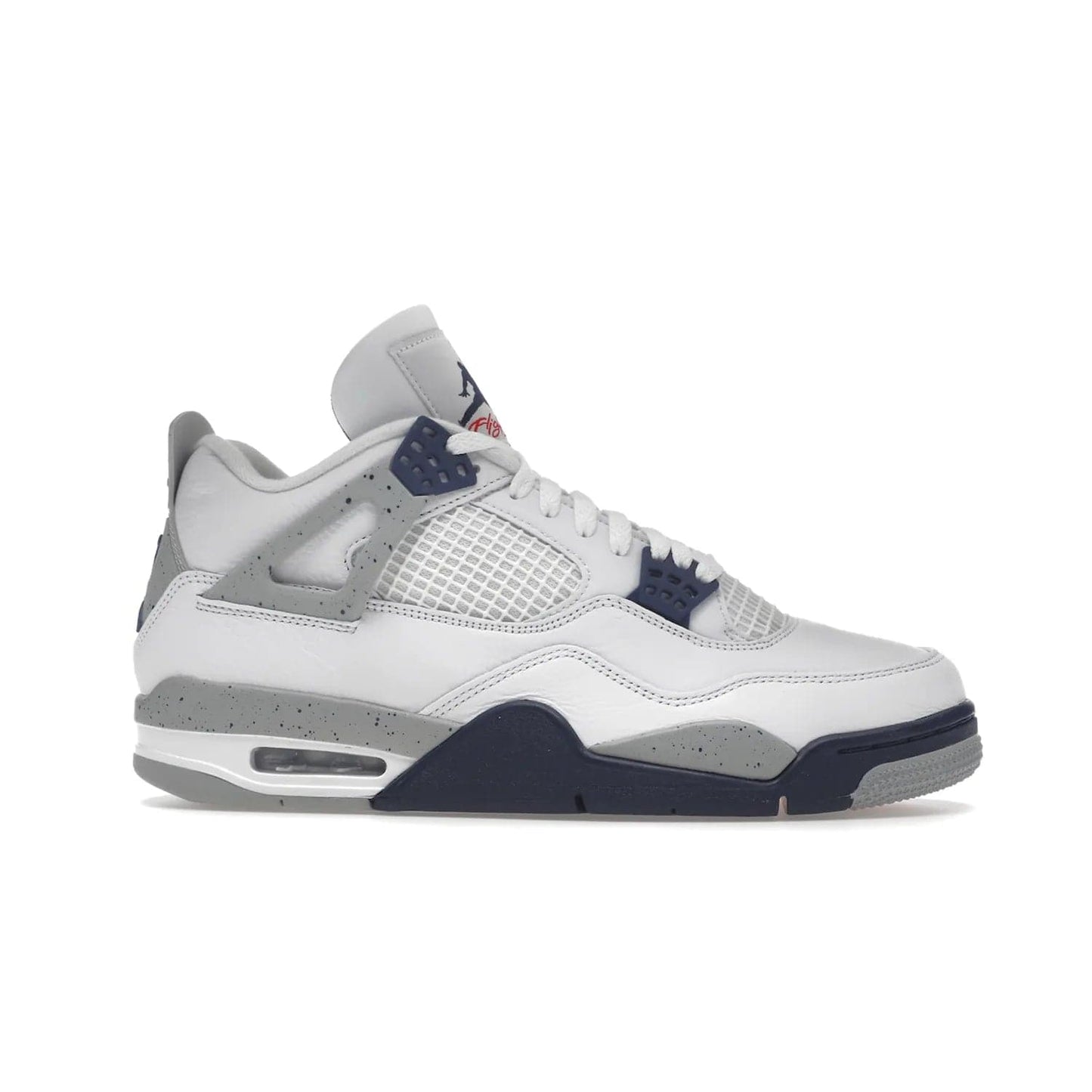 Jordan 4 Retro Midnight Navy - Image 2 - Only at www.BallersClubKickz.com - Shop the Air Jordan Retro 4 White Midnight Navy. Stand out with a classic white leather upper, black support wings, midnight navy eyelets, and Crimson Jumpman tongue tag. Unbeatable comfort with two-tone polyurethane midsole with encapsulated Air technology. Get yours before October 29th, 2022.