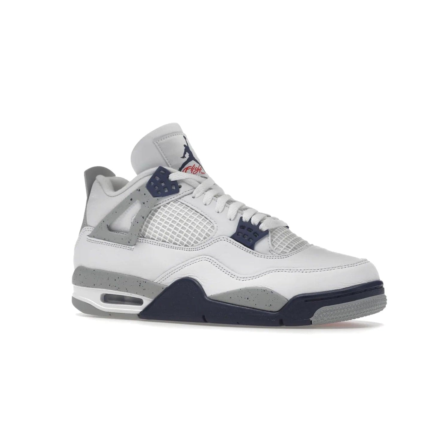 Jordan 4 Retro Midnight Navy - Image 4 - Only at www.BallersClubKickz.com - Shop the Air Jordan Retro 4 White Midnight Navy. Stand out with a classic white leather upper, black support wings, midnight navy eyelets, and Crimson Jumpman tongue tag. Unbeatable comfort with two-tone polyurethane midsole with encapsulated Air technology. Get yours before October 29th, 2022.
