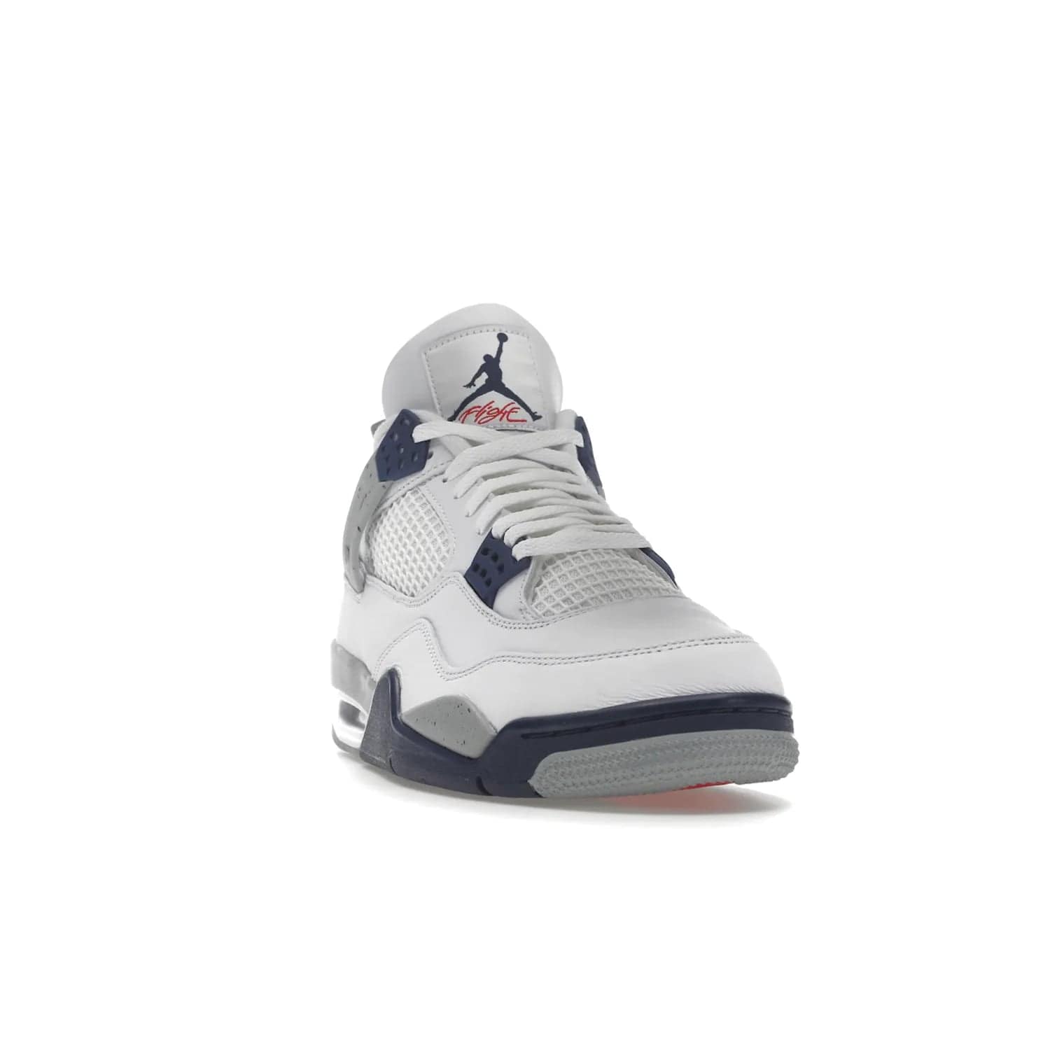 Jordan 4 Retro Midnight Navy - Image 8 - Only at www.BallersClubKickz.com - Shop the Air Jordan Retro 4 White Midnight Navy. Stand out with a classic white leather upper, black support wings, midnight navy eyelets, and Crimson Jumpman tongue tag. Unbeatable comfort with two-tone polyurethane midsole with encapsulated Air technology. Get yours before October 29th, 2022.